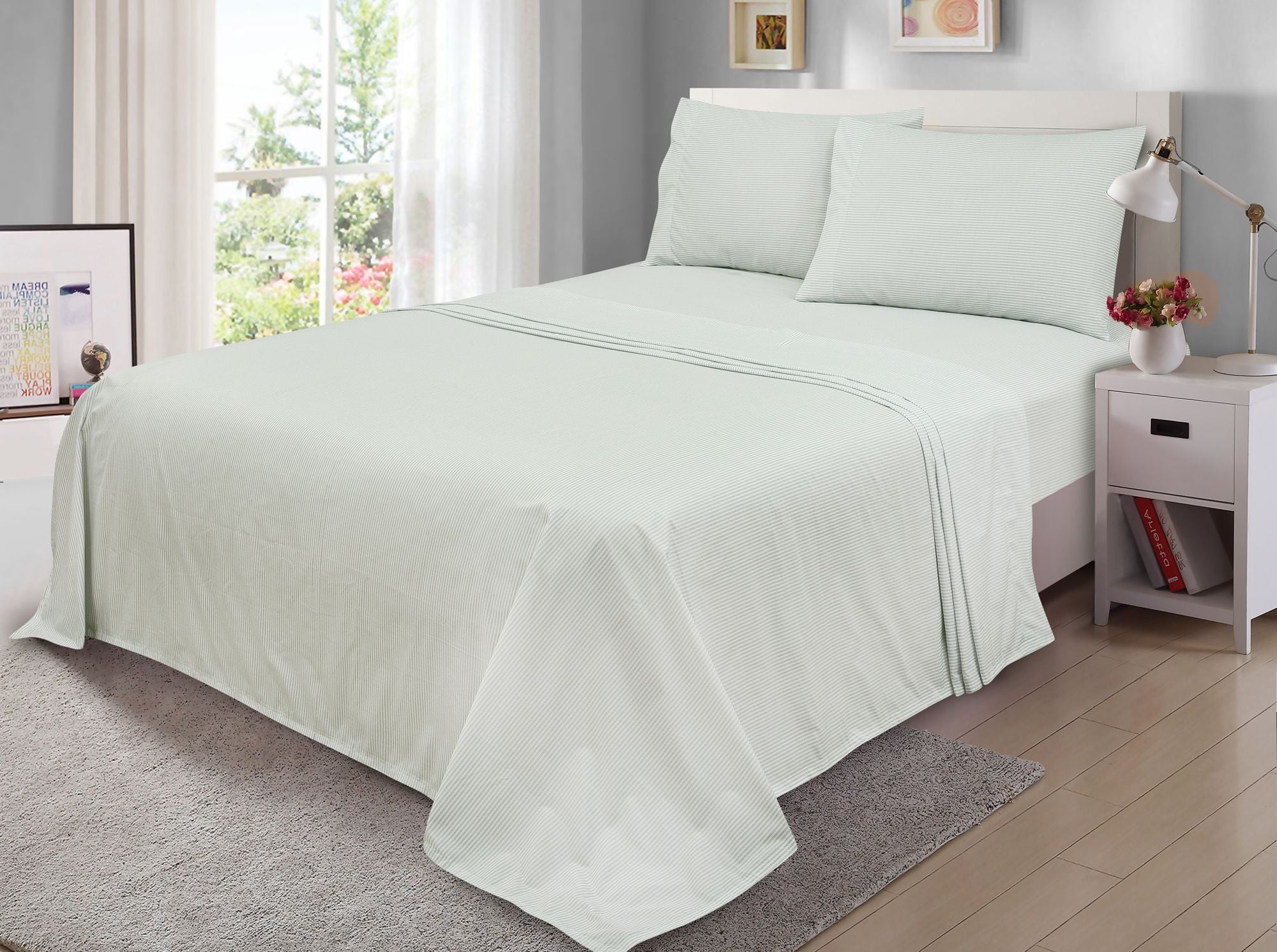 Breathable Luxury Easy Care 300 Thread Count Cotton Rich Percale Sheet Set, King, Grey Stripes - Cooling Hotel Quality Bedding Sheets and Pillowcases - Default Title