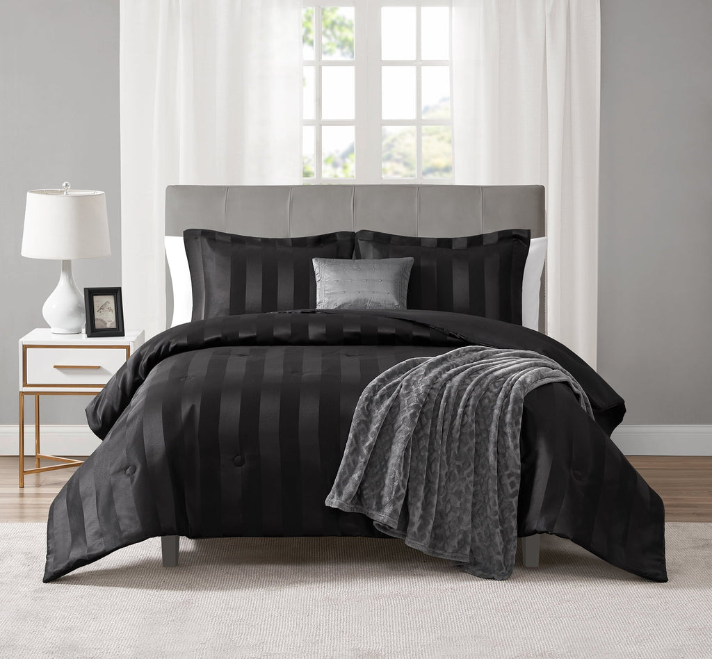 Hypoallergenic Cloud Rich Black 5 Piece Damask Stripe Comforter Set, King, Adult, Unisex - Luxurious Quilted Duvet Cover Set - Default Title