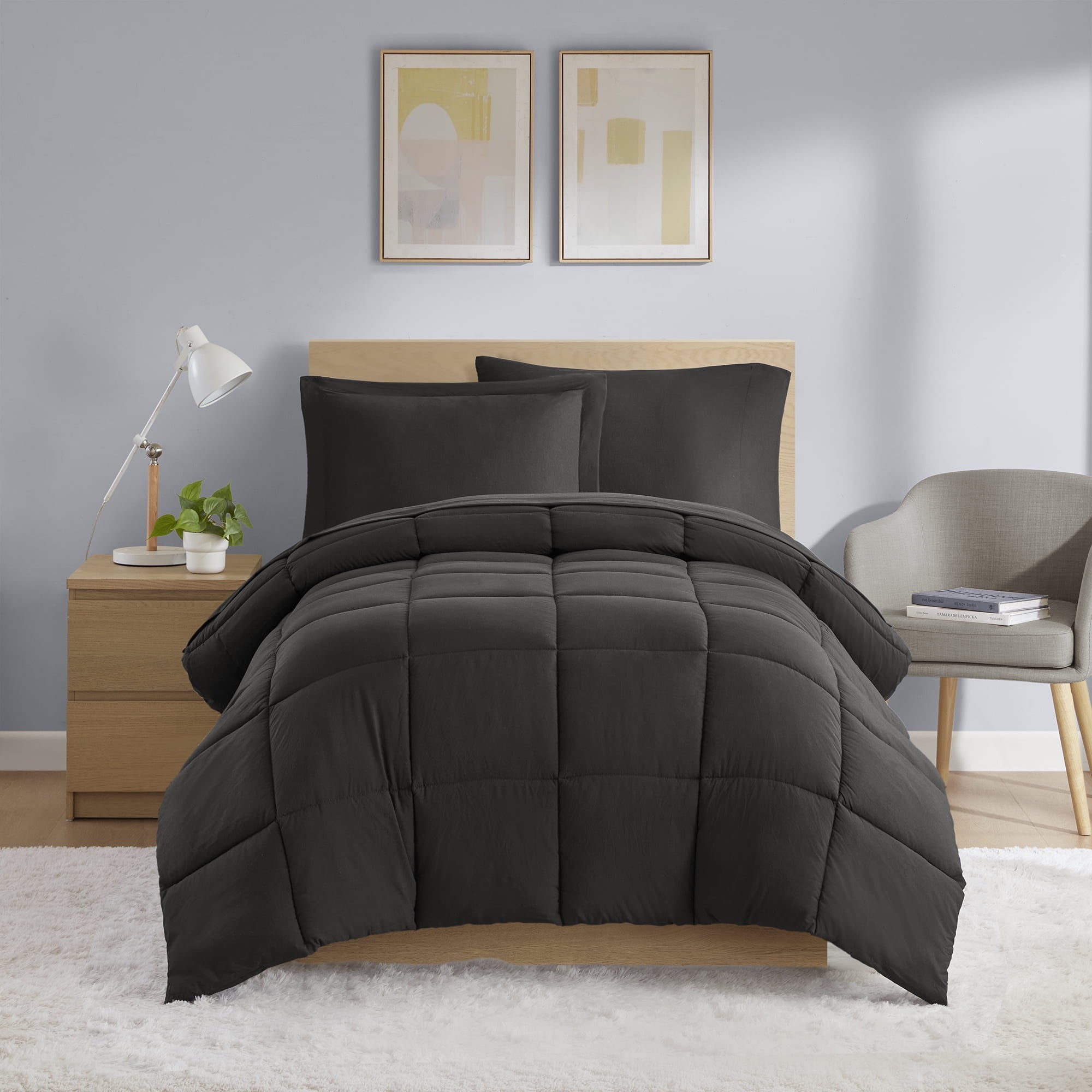 Hypoallergenic Cloud All in One Down Alt Reversible Comforter and Sheet set- 5 Piece, Twin, Black - Luxurious Quilted Duvet Cover Set - Default Title