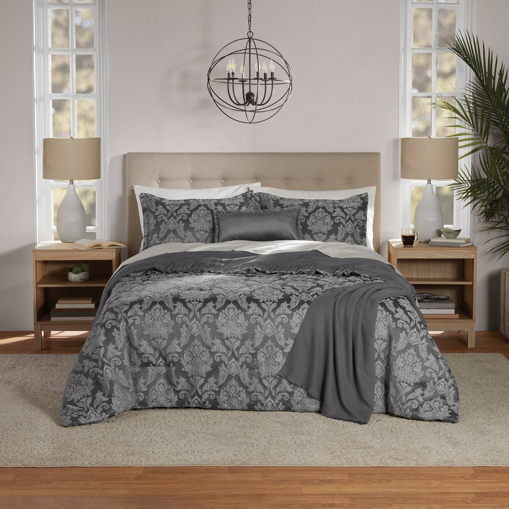 Heavyweight Warmth Full/Queen Comforter Set, All-Season, 5-Piece, Grey Jacquard Damask - Cloud-Like Soft Lightweight Bed Comforter - Default Title