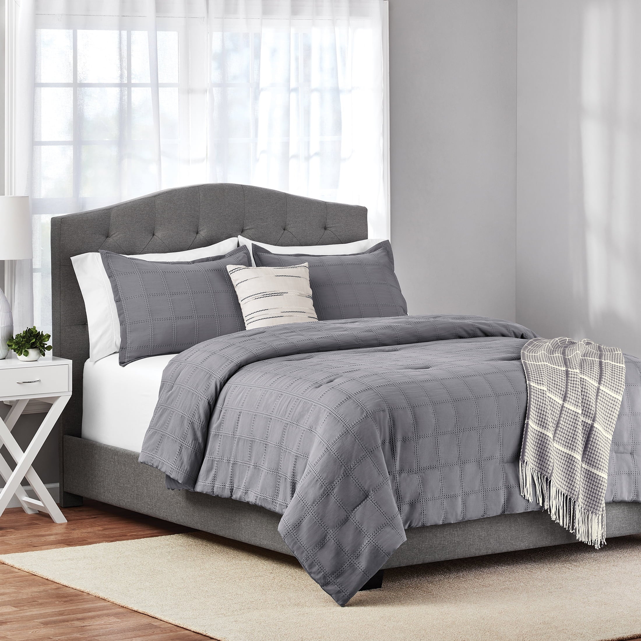 All-Season Full/Queen Comforter Set, All-Season, 5-Piece, Grey Waffle Check - Hypoallergenic Ultra-Fluffy Quilt for Winter - Default Title