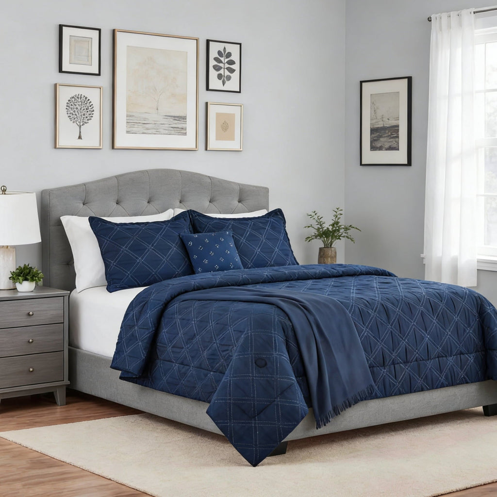 All-Season 5-Piece Reversible Comforter Set Navy Cross Stitch Bedding with Decor Pillow and Throw, Full/Queen - Hypoallergenic Ultra-Fluffy Quilt for Winter - Default Title
