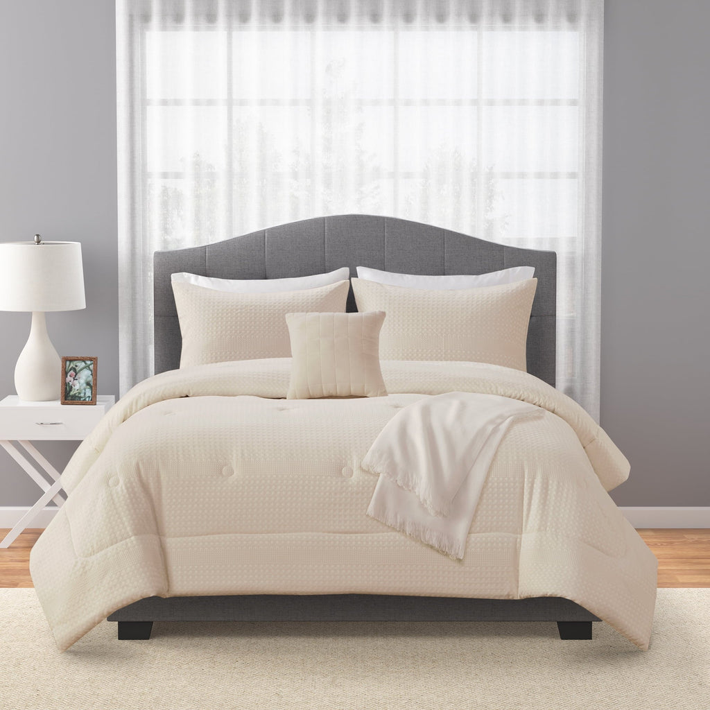 Luxurious Quilted 5-Piece Papyrus Beige Waffle Comforter Set, Full/Queen - All-Season Down Alternative Comforter Insert - Default Title