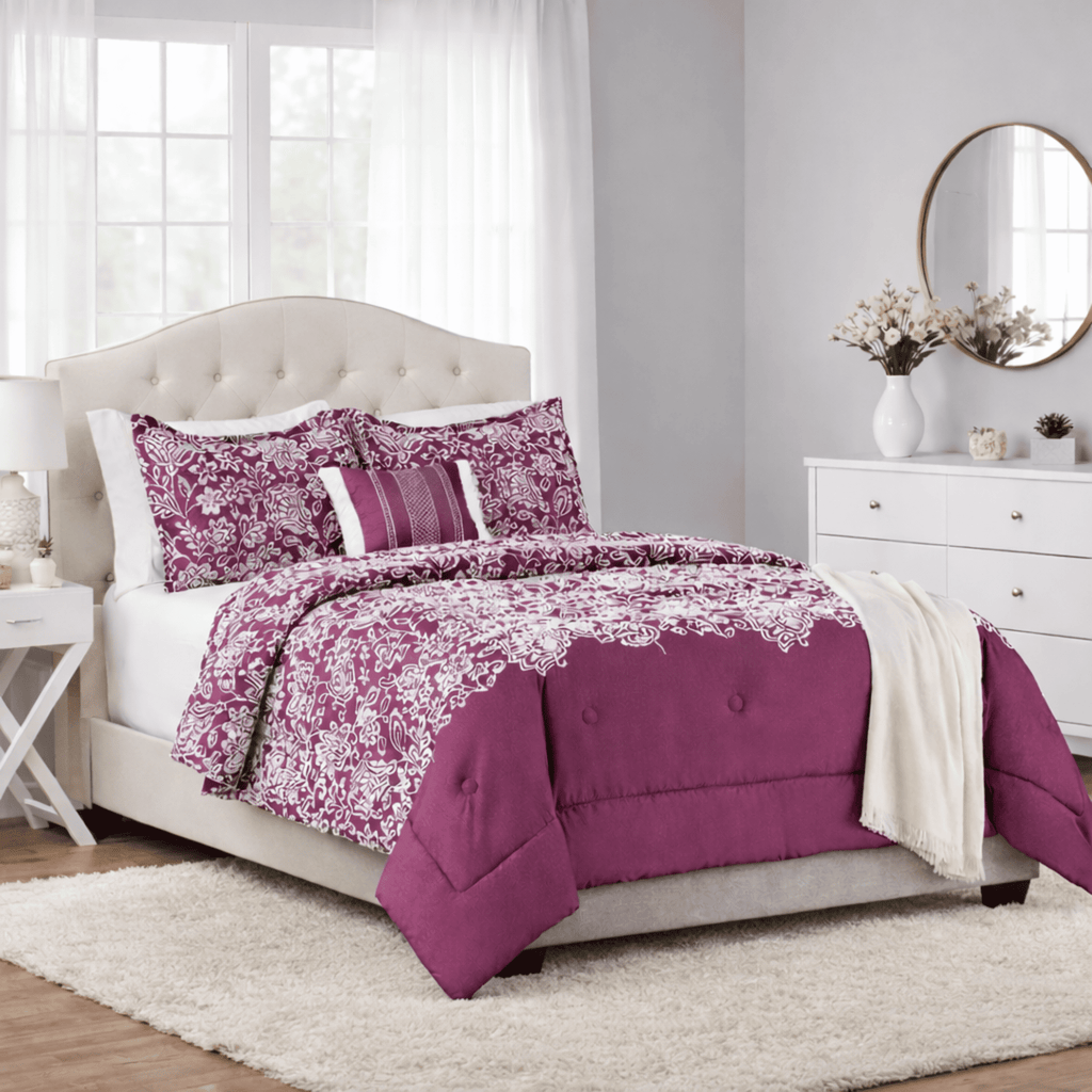 Fluffy Down Alternative 5-Piece Jacquard Comforter Set with Decor Pillow and Throw Purple Flocking Embroidery Bedding Set, Full/Queen - Hypoallergenic Ultra-Fluffy Quilt for Winter - Default Title