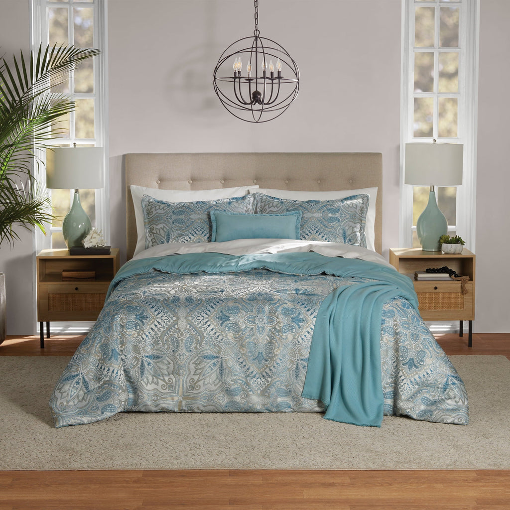 Fluffy Down Alternative Full/Queen Comforter Set, All-Season, 5-Piece, Teal Jacquard Medallion - Luxurious Quilted Duvet Cover Set - Default Title