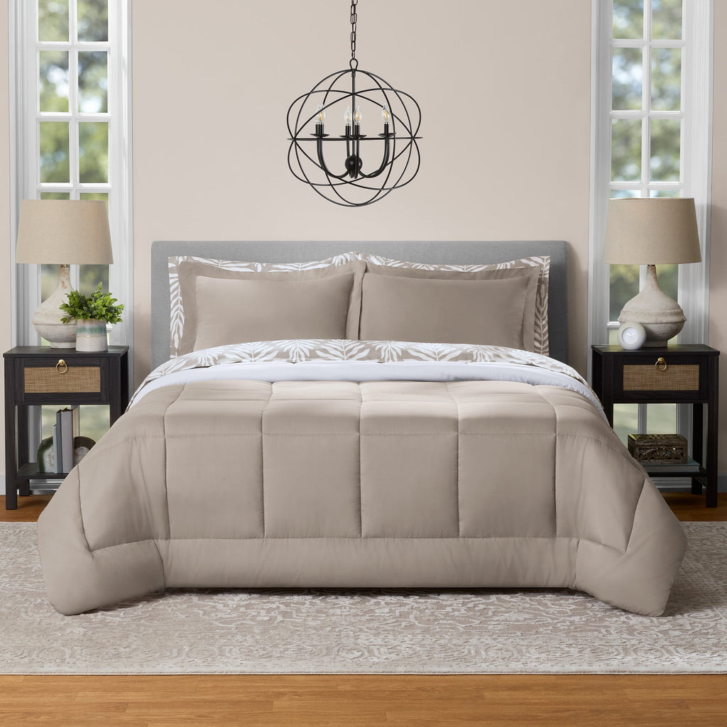 Luxurious Quilted All in One Reversible Comforter and Sheet Set- 7 Piece, Queen, Beige Palm - Luxurious Quilted Duvet Cover Set - Default Title