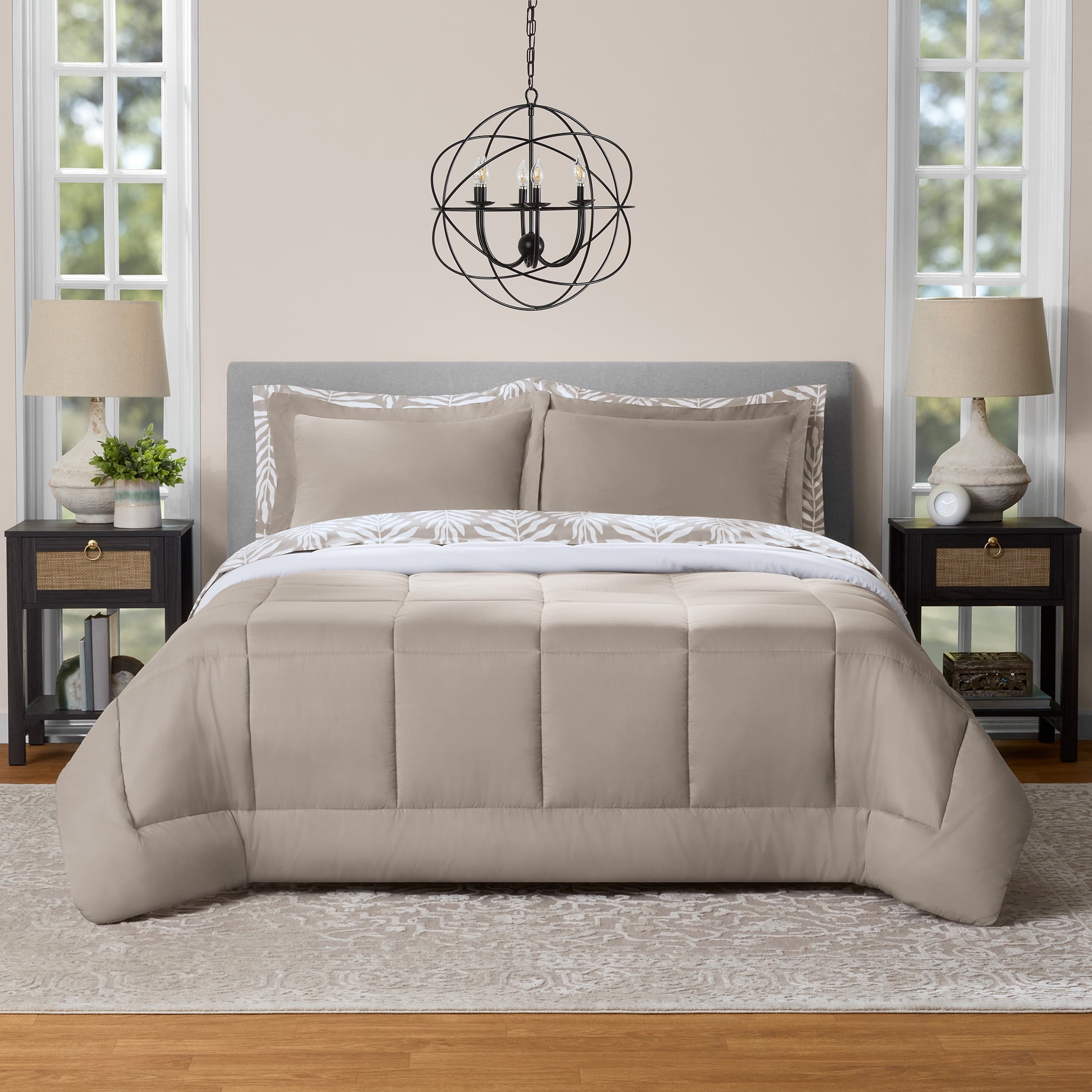 Luxurious Quilted All in One Reversible Comforter and Sheet Set- 7 Piece, Queen, Beige Palm - Luxurious Quilted Duvet Cover Set - Default Title