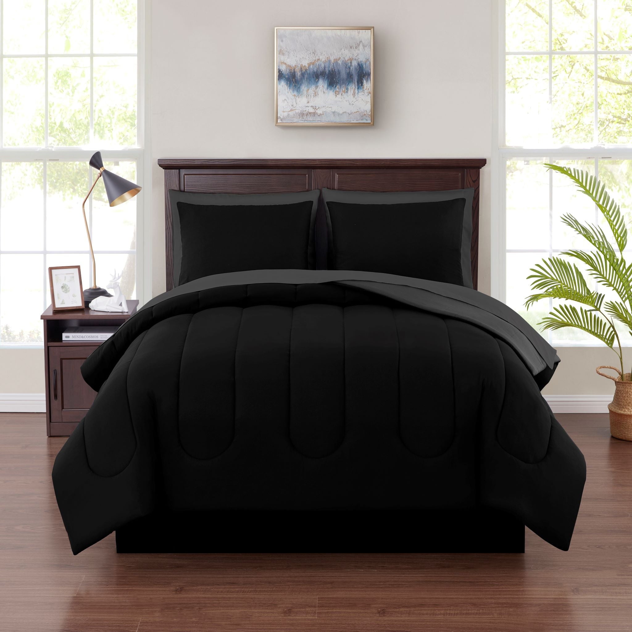 Hypoallergenic Cloud 7 Piece Reversible Bed in a Bag Comforter Set with Sheets, Black, King - All-Season Down Alternative Comforter Insert - Default Title