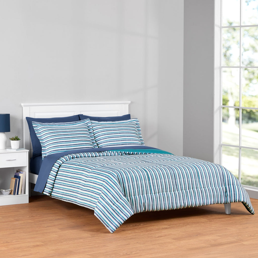 Fluffy Down Alternative All in One Reversible Comforter and Sheet Set- 7 Piece, Queen, Blue Pinstripe - Cloud-Like Soft Lightweight Bed Comforter - Default Title
