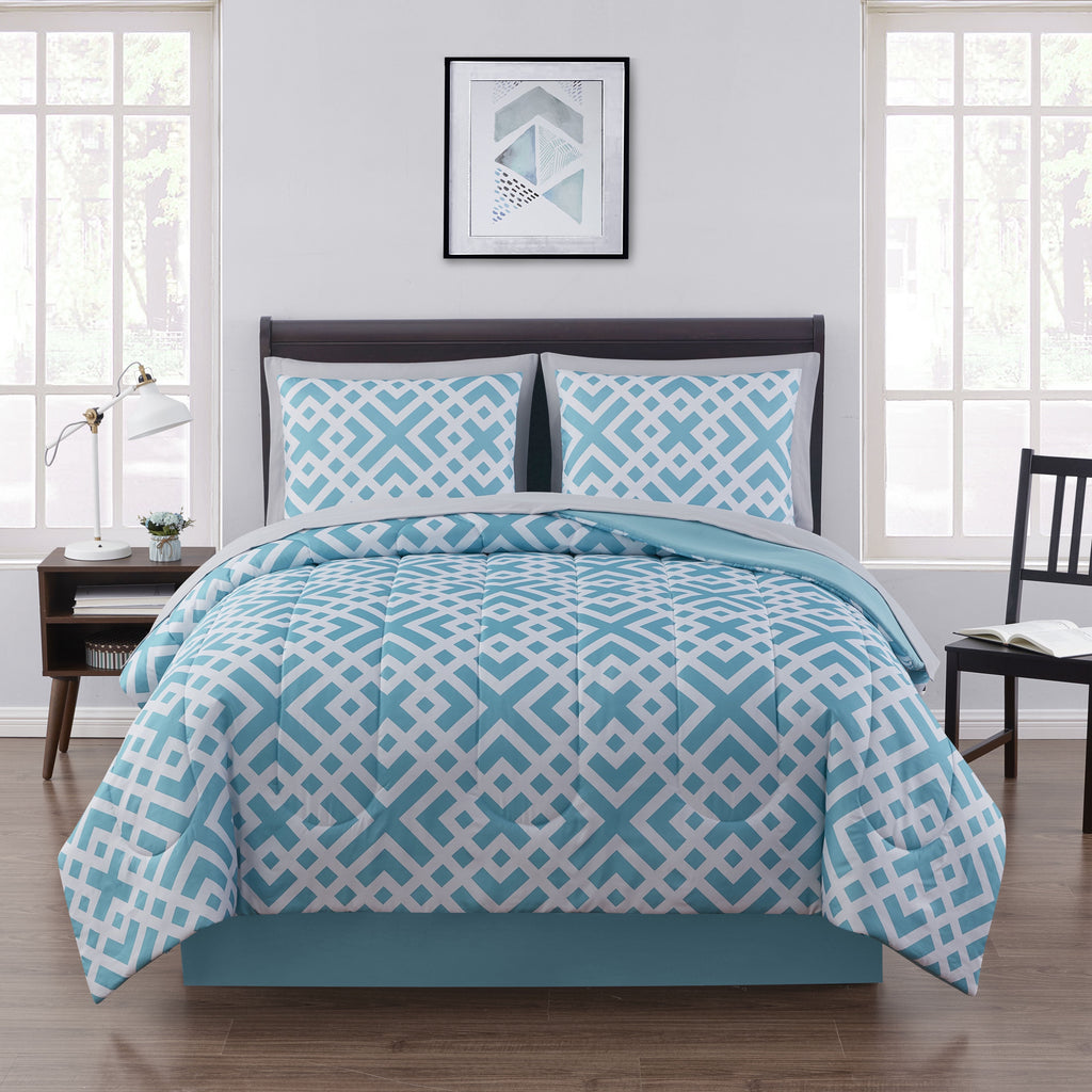 Luxurious Quilted Teal Geometric 6 Piece Bed in a Bag Comforter Set with Sheets, Twin/Twin-XL - All-Season Down Alternative Comforter Insert - Default Title