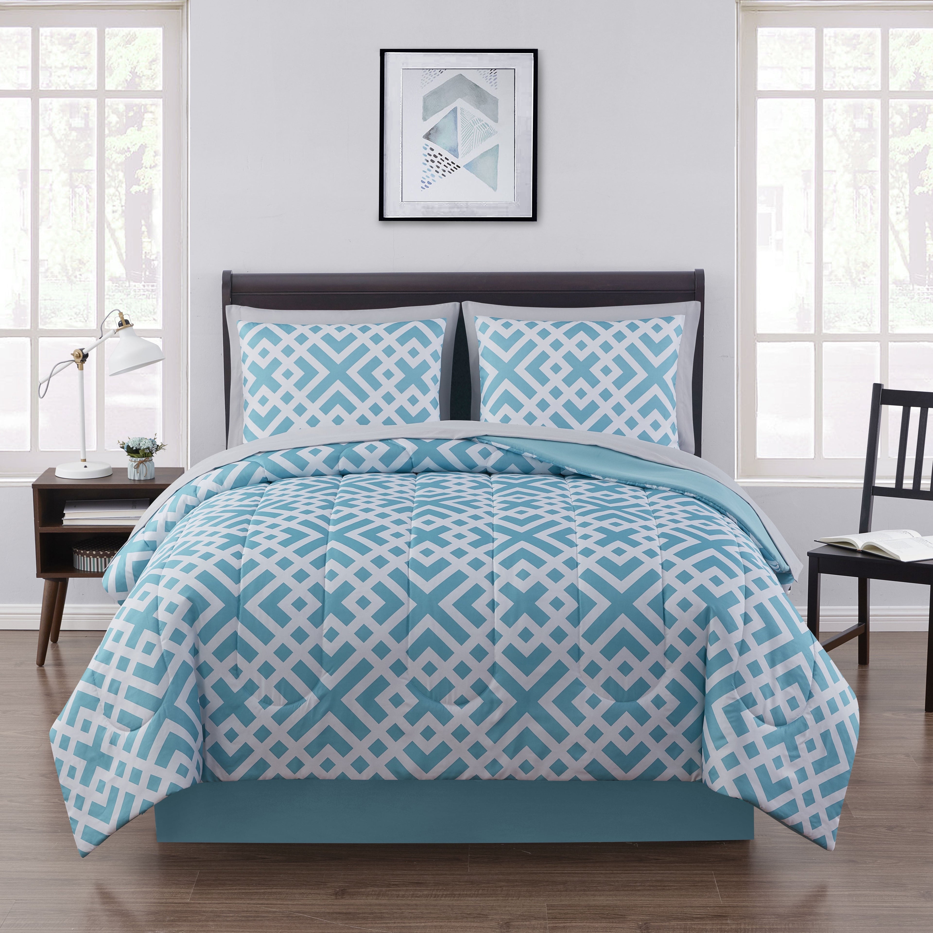 Luxurious Quilted Teal Geometric 6 Piece Bed in a Bag Comforter Set with Sheets, Twin/Twin-XL - All-Season Down Alternative Comforter Insert - Default Title
