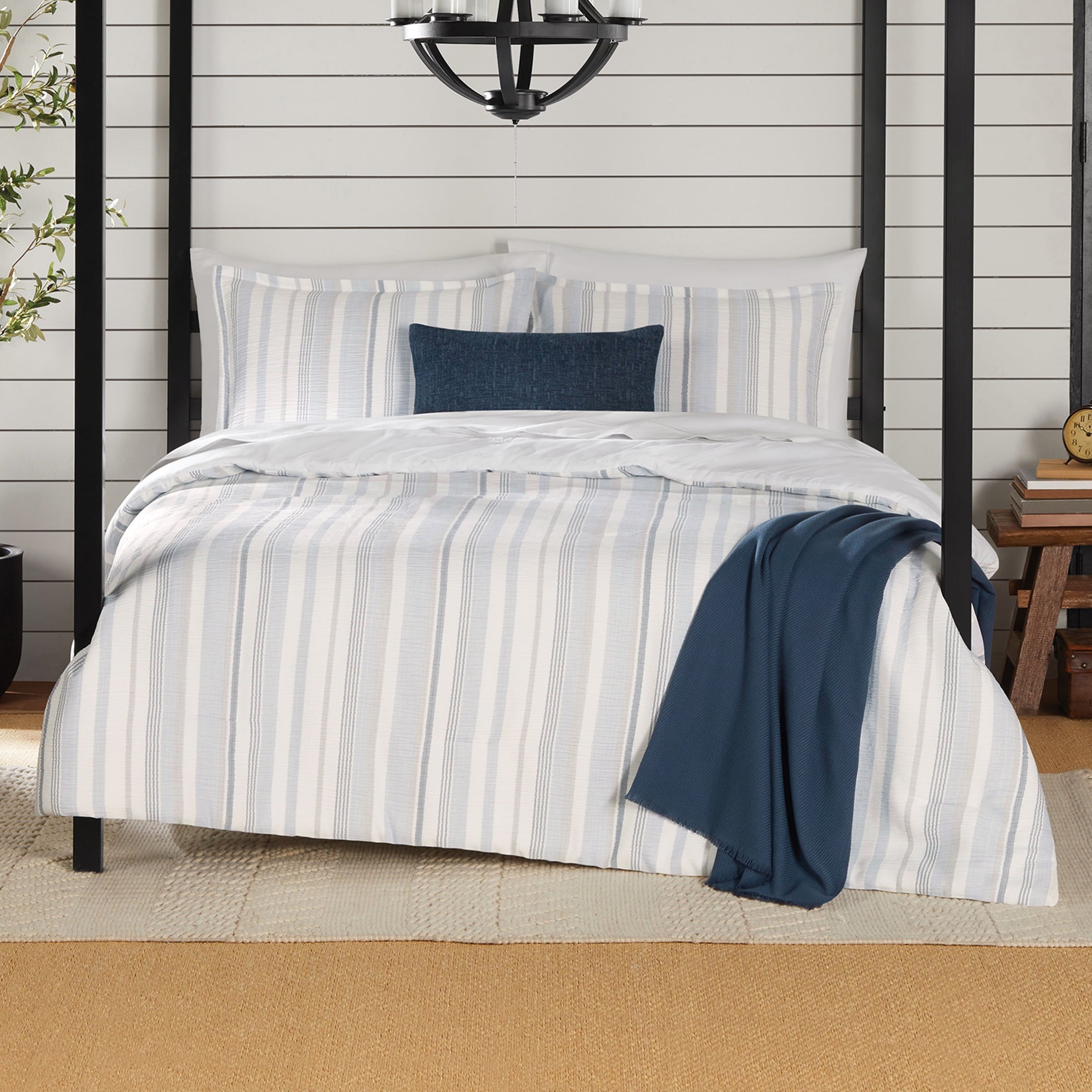 Fluffy Down Alternative Full/Queen Comforter Set, All-Season, 5-Piece, Blue Yarn Dyed Stripe - Luxurious Quilted Duvet Cover Set - Default Title