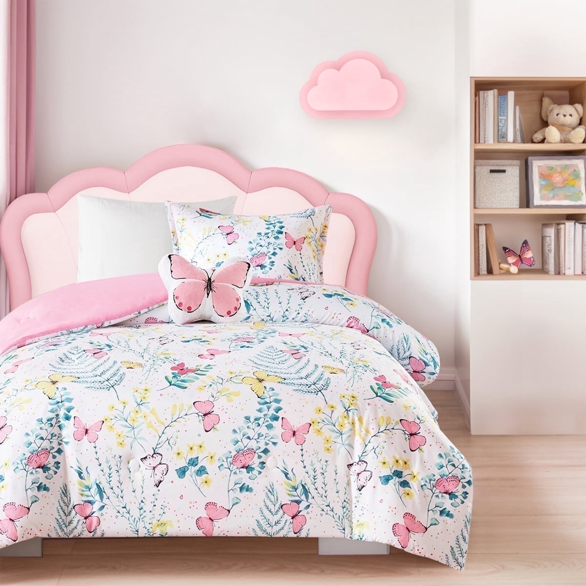 Heavyweight Warmth Full/Queen Size Comforter Sets, 4-Piece Kids Bedding Set for Girls, Butterfly Floral Comforter Bed Set, White/Pink - Luxurious Quilted Duvet Cover Set - Default Title