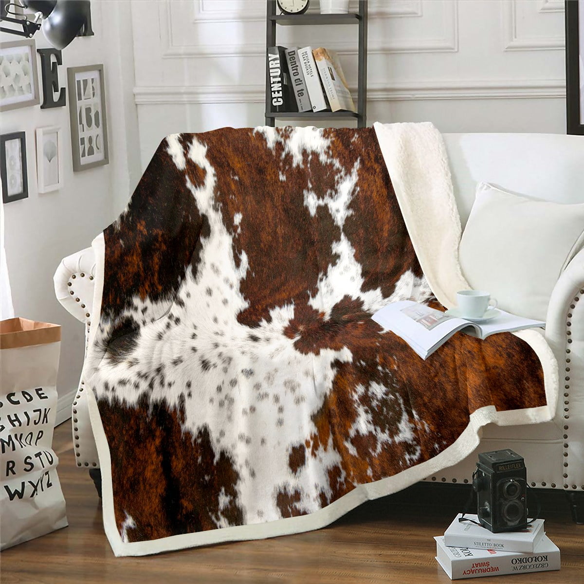 Reversible Sherpa Milk Cow Print Throw Blanket for Bed Chair,Black Brown Cowhide Fleece Blanket 50"x60",Farmhouse Rustic Animal Skin We... - Luxury Knitted Decorative Throw Blanket with Fringes - Default Title