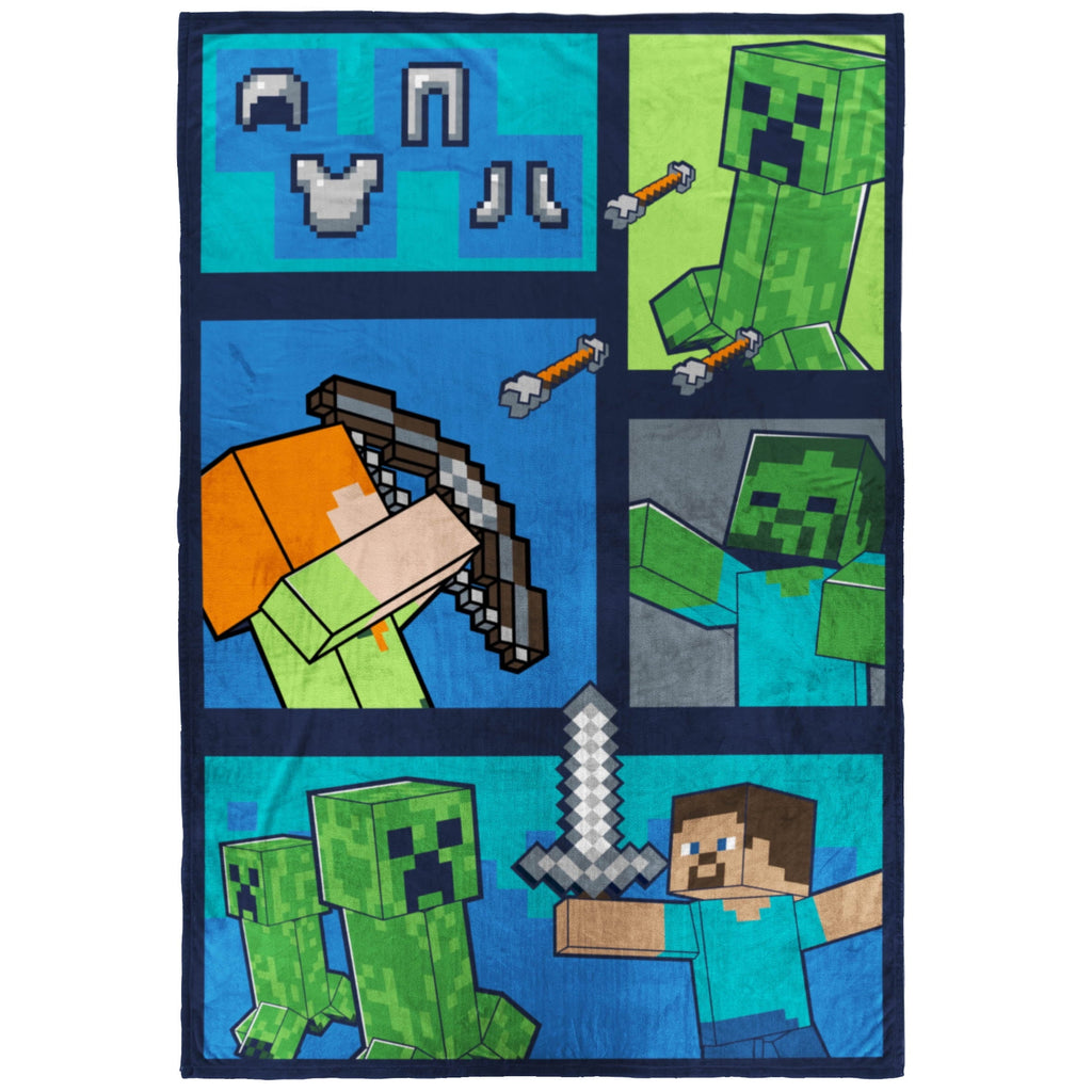 Decorative Knitted Minecraft Kids Twin/Full Blanket, 62 x 90, Microfiber, Green and Blue - Super Soft Reversible Sherpa Flannel Blanket - Default Title
