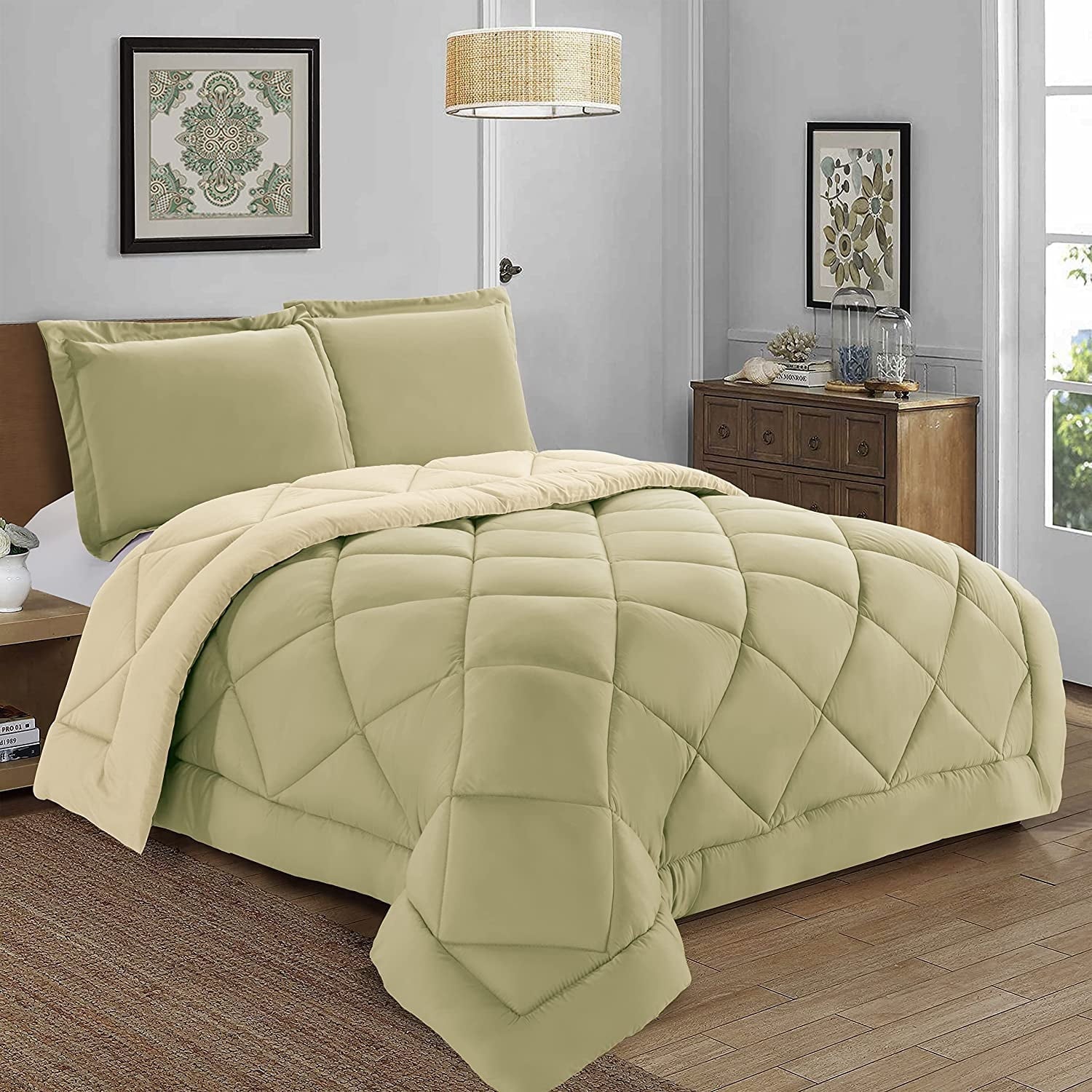 Heavyweight Warmth 3-Piece Comforter Set - Reversible, Box Stitched Down Alternative, King/California King, All Season Suitable, Sage/Cream - All-Season Down Alternative Comforter Insert - Default Title