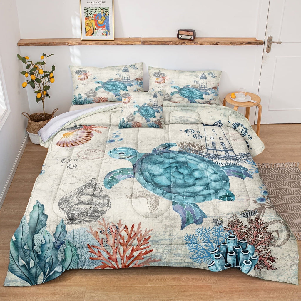 Hypoallergenic Cloud Sea Turtle Comforter Set Queen Ocean Beach Bedding Set Soft and Lightweight Retro Style Design Coastal Bedding Set - Luxurious Quilted Duvet Cover Set - Default Title