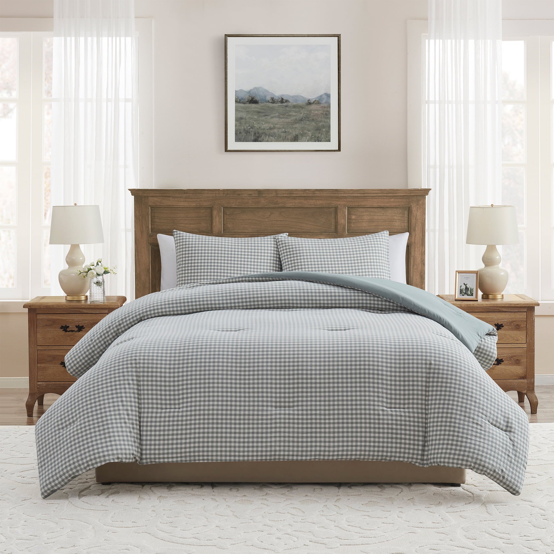 Fluffy Down Alternative Full/Queen Comforter Set, All-Season, 3-Piece, Green Gingham Plaid - All-Season Down Alternative Comforter Insert - Default Title