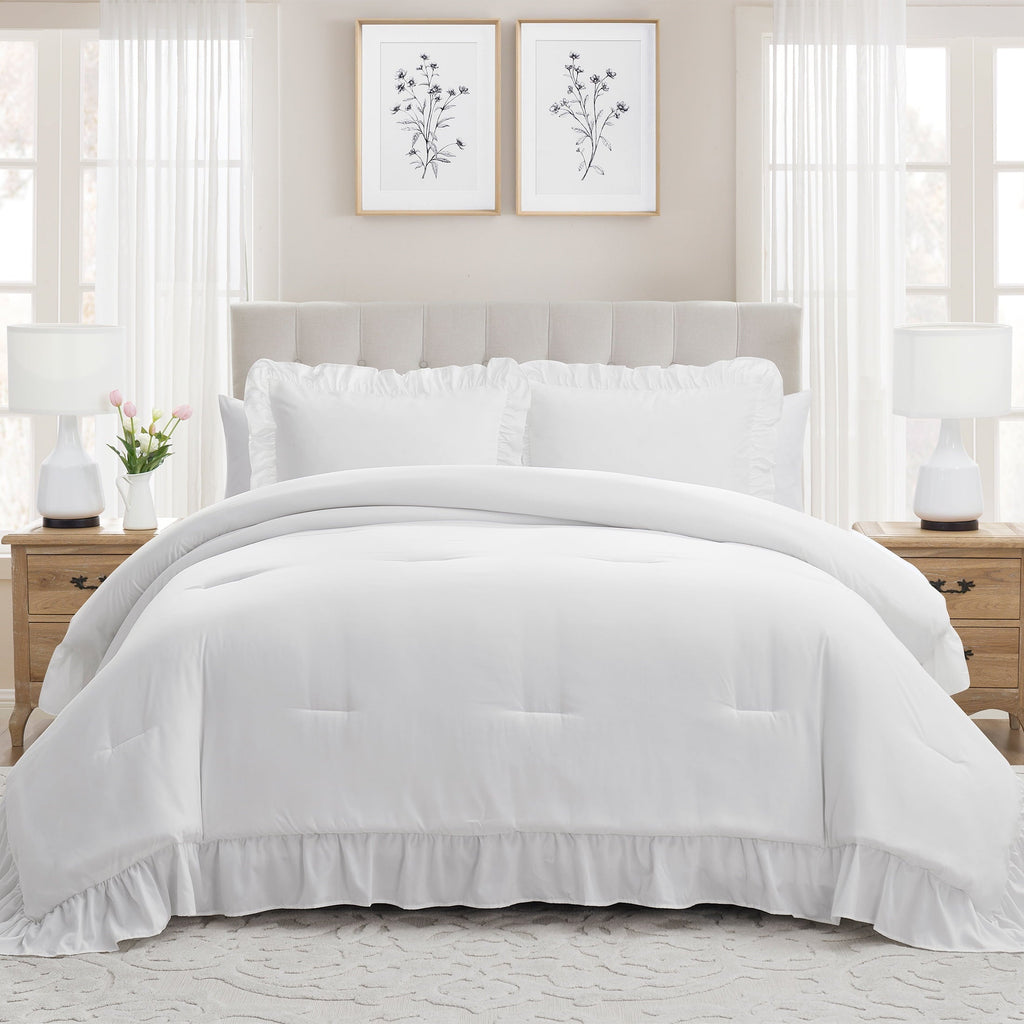 All-Season Full/Queen Comforter Set, All-Season, 3-Piece, White Ruffle - Luxurious Quilted Duvet Cover Set - Default Title