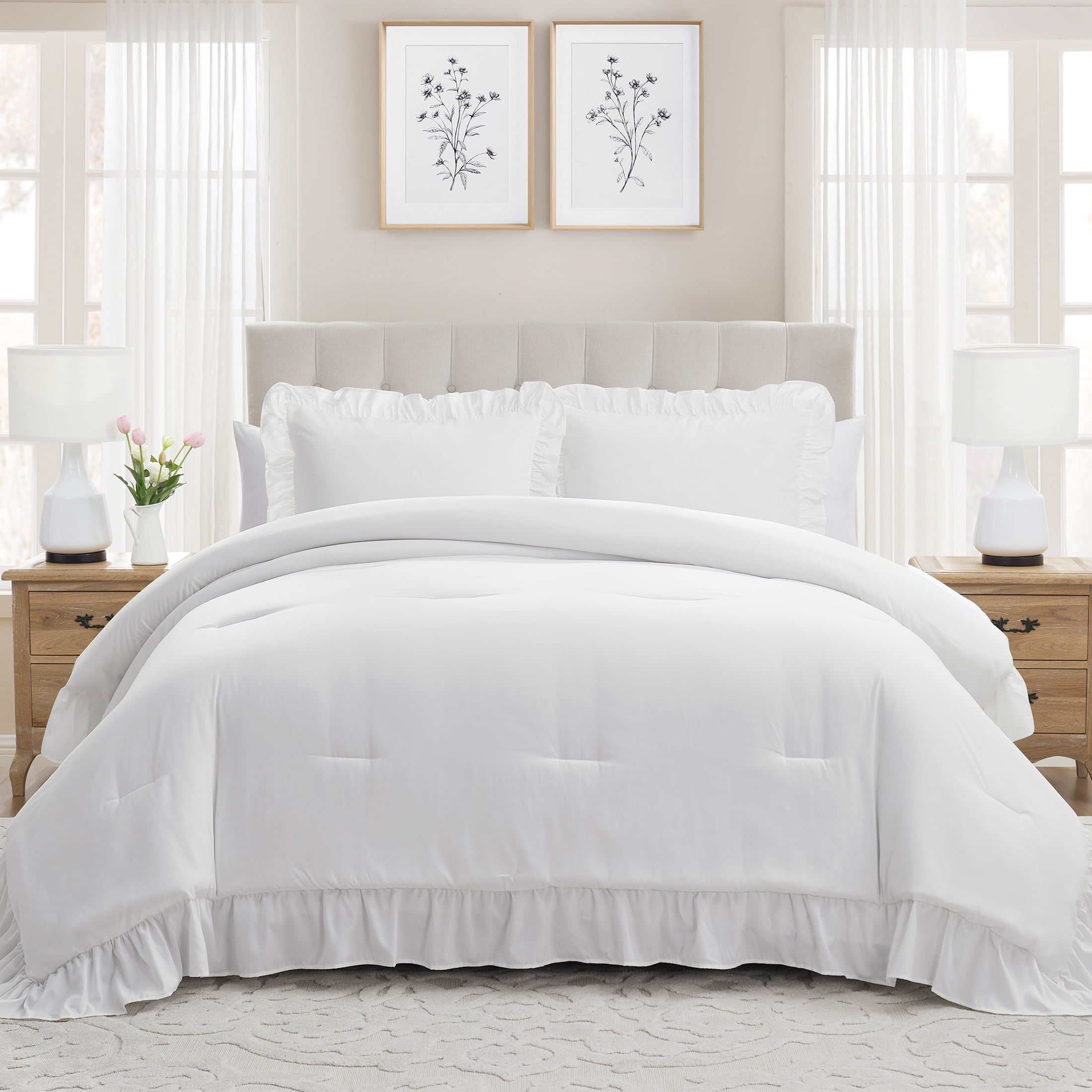 All-Season Full/Queen Comforter Set, All-Season, 3-Piece, White Ruffle - Luxurious Quilted Duvet Cover Set - Default Title