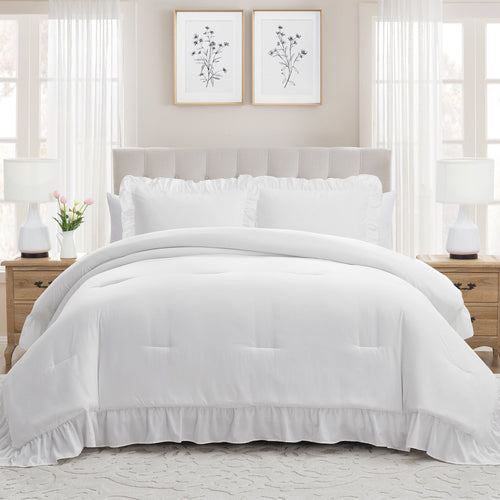 All-Season Full/Queen Comforter Set, All-Season, 3-Piece, White Ruffle - Luxurious Quilted Duvet Cover Set - Default Title