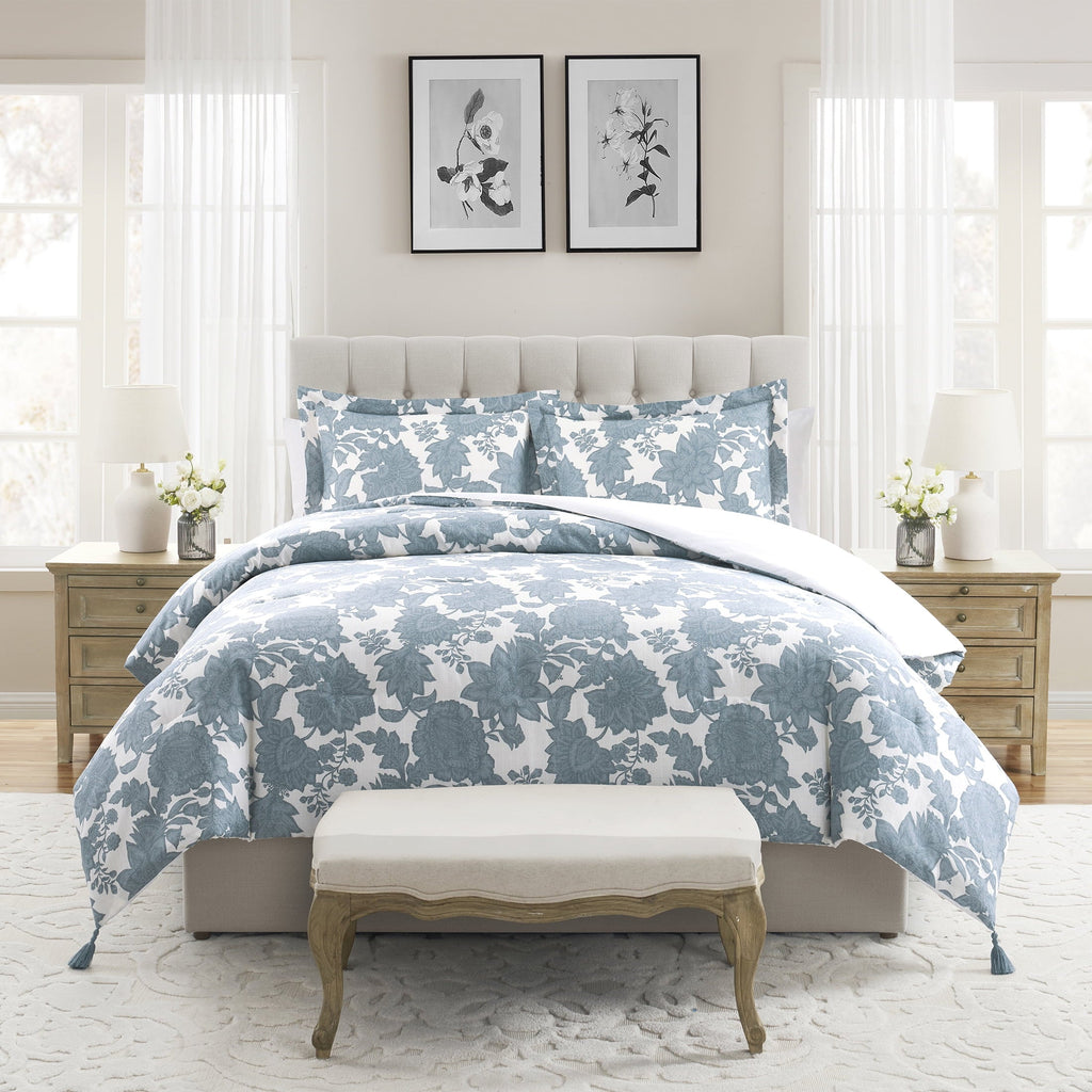 Fluffy Down Alternative Veronica 3-Piece Blue Floral Cotton Slub Comforter Set, King - Hypoallergenic Ultra-Fluffy Quilt for Winter - Default Title