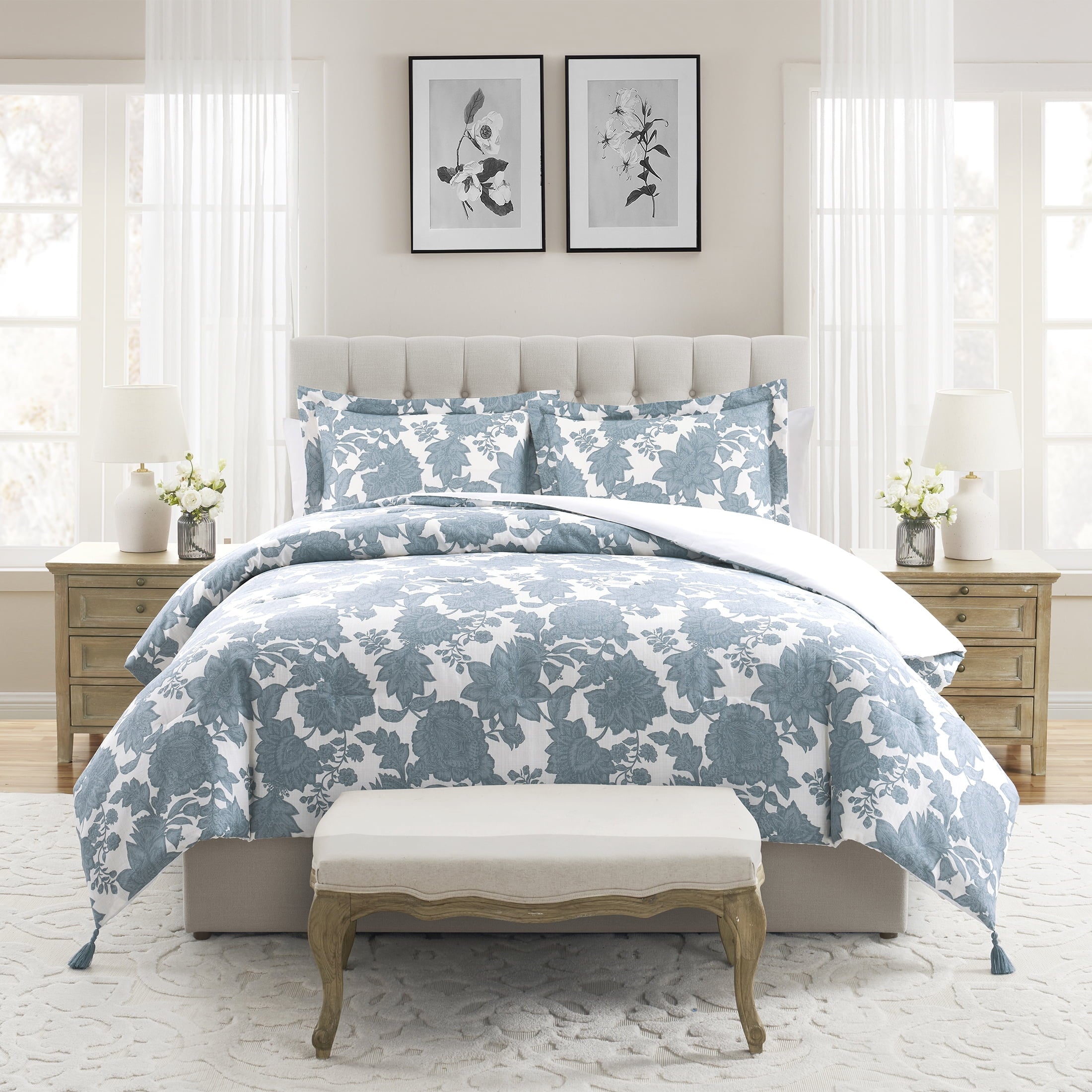 Fluffy Down Alternative Veronica 3-Piece Blue Floral Cotton Slub Comforter Set, King - Hypoallergenic Ultra-Fluffy Quilt for Winter - Default Title