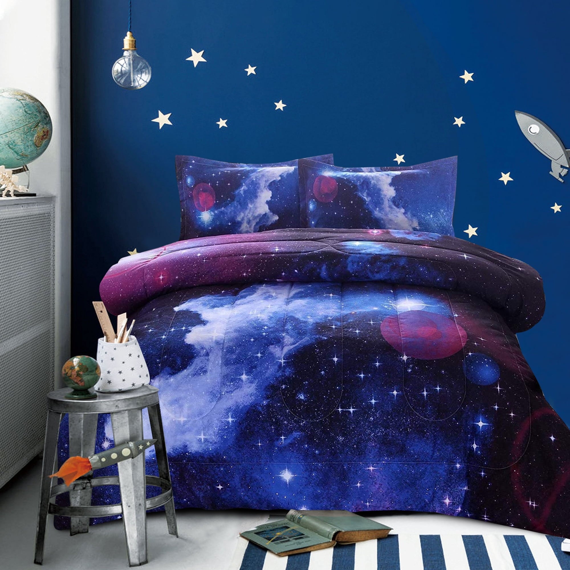 Fluffy Down Alternative Galaxy Bedding Sets Outer Space Comforter 3D Printed Space Quilt Set Full Size for Kids Blue - All-Season Down Alternative Comforter Insert - Default Title