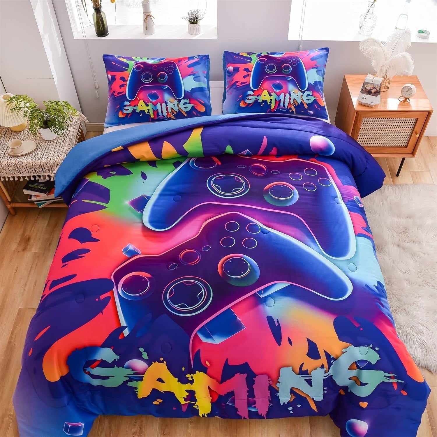 Heavyweight Warmth Purple Queen Gaming Comforter Sets for Boys Kids Bedding Sets Colorful Games Console Gamer Quilt Set - Luxurious Quilted Duvet Cover Set - Default Title