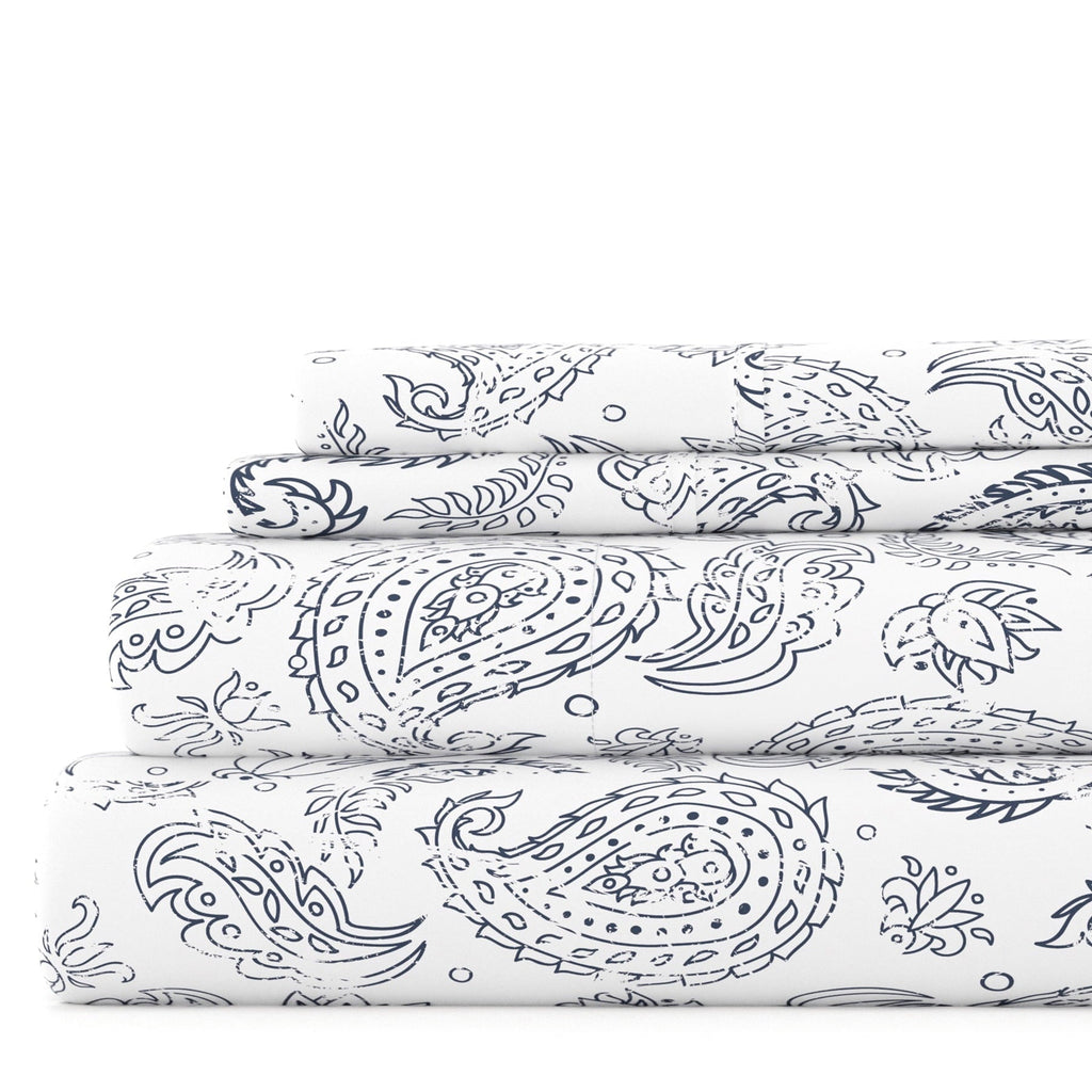 Premium Egyptian Cotton 4 Piece Pattern Microfiber Bed Sheets Set, Navy Coarse Paisley, Full - Breathable Egyptian Cotton Flat & Fitted Sheets - Default Title
