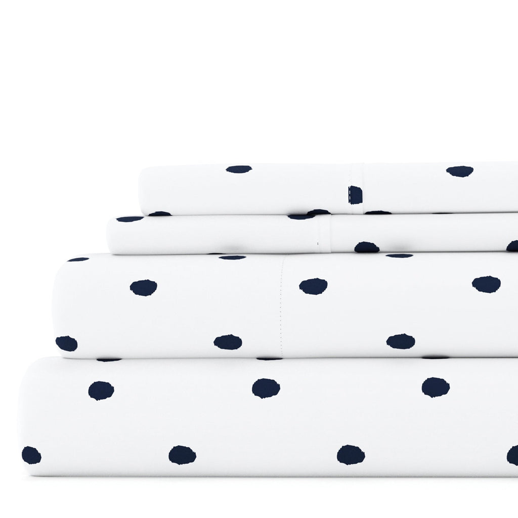 Breathable Luxury 4 Piece Pattern Microfiber Bed Sheets Set, Navy Dots, California King - Premium Ultra-Soft Pillowcase Pair for Sleeping - Default Title