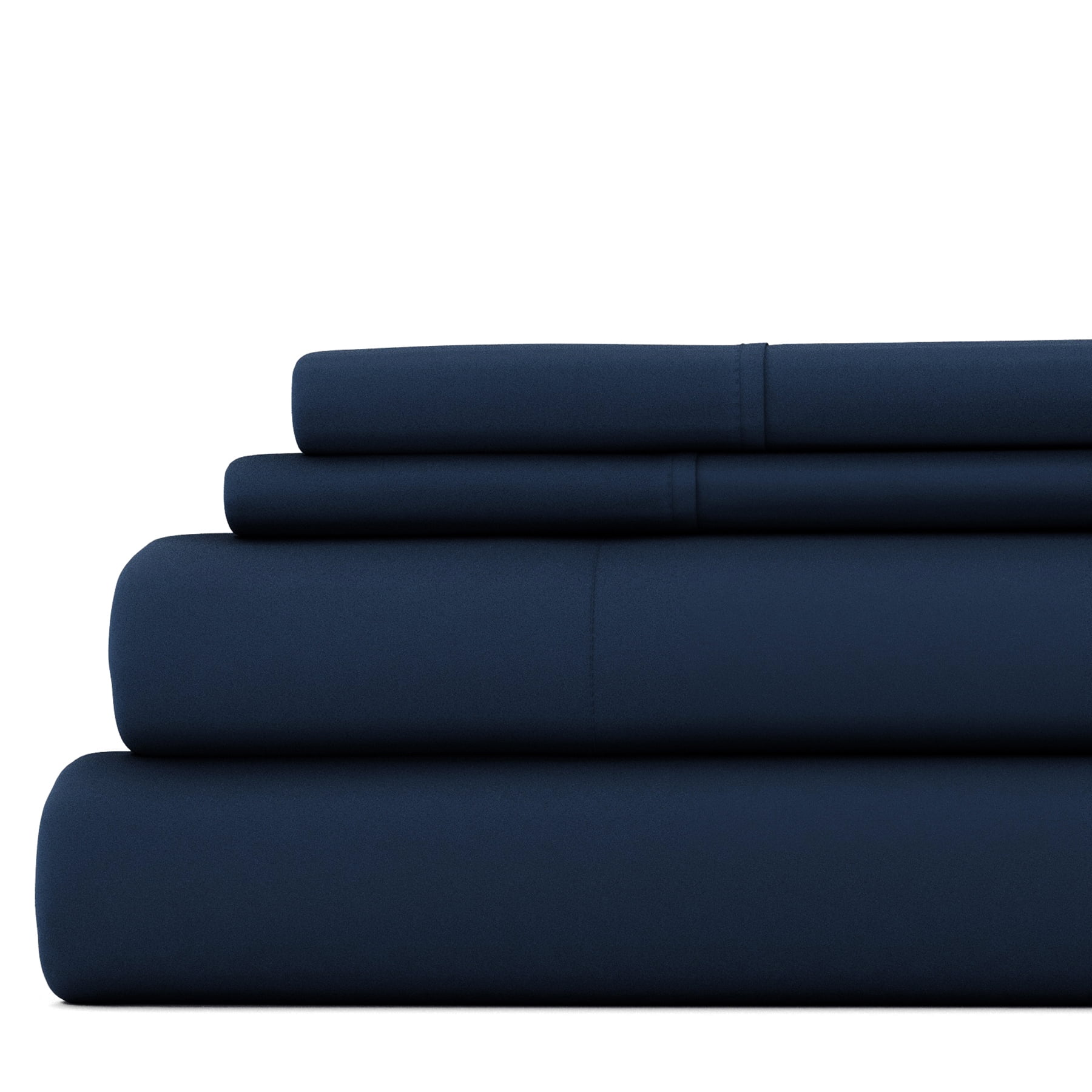 Cooling Sateen 4 Piece Solid Microfiber Bed Sheet Set, Navy, Queen - Breathable Egyptian Cotton Flat & Fitted Sheets - Default Title
