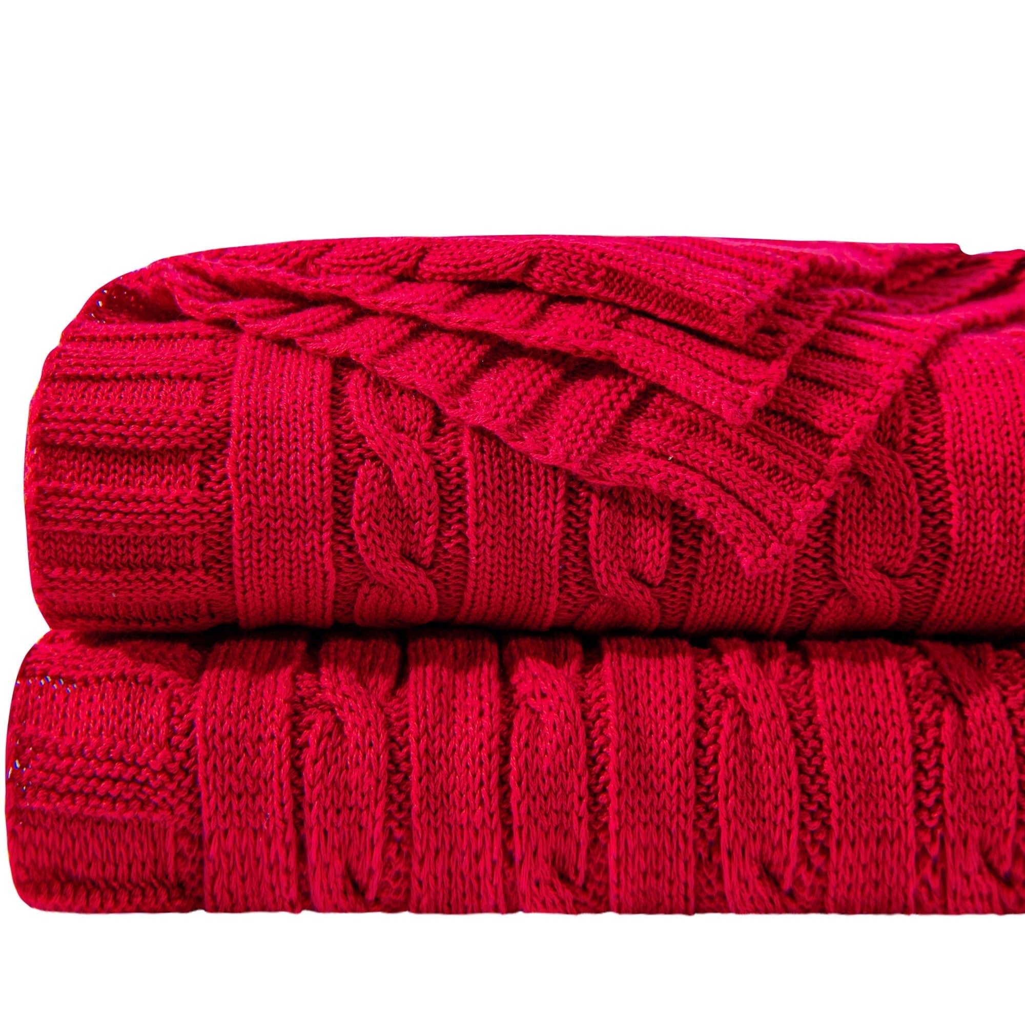 Cozy Fleece 100% Cotton Cable Knit Throw, Super Soft Warm Knitted Blanket Home Decor, 51"x67", Red - Cozy Fleece Throw Blanket for Couch & Bed - Default Title