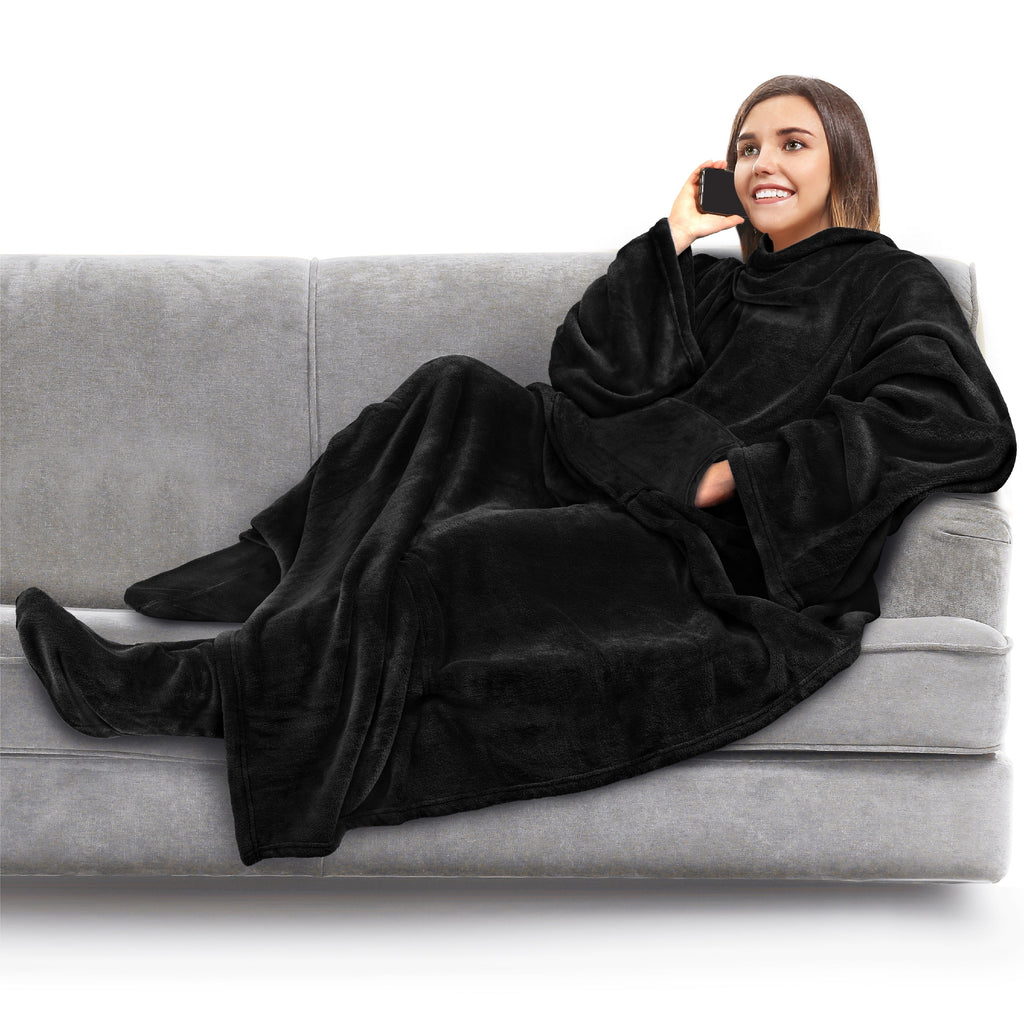 Reversible Sherpa Fleece Blanket with Sleeves, Foot Pockets for Women Men Adults, Plush Wearable Blanket Throw Wrap, Warm Snuggle Blank... - Cozy Fleece Throw Blanket for Couch & Bed - Default Title