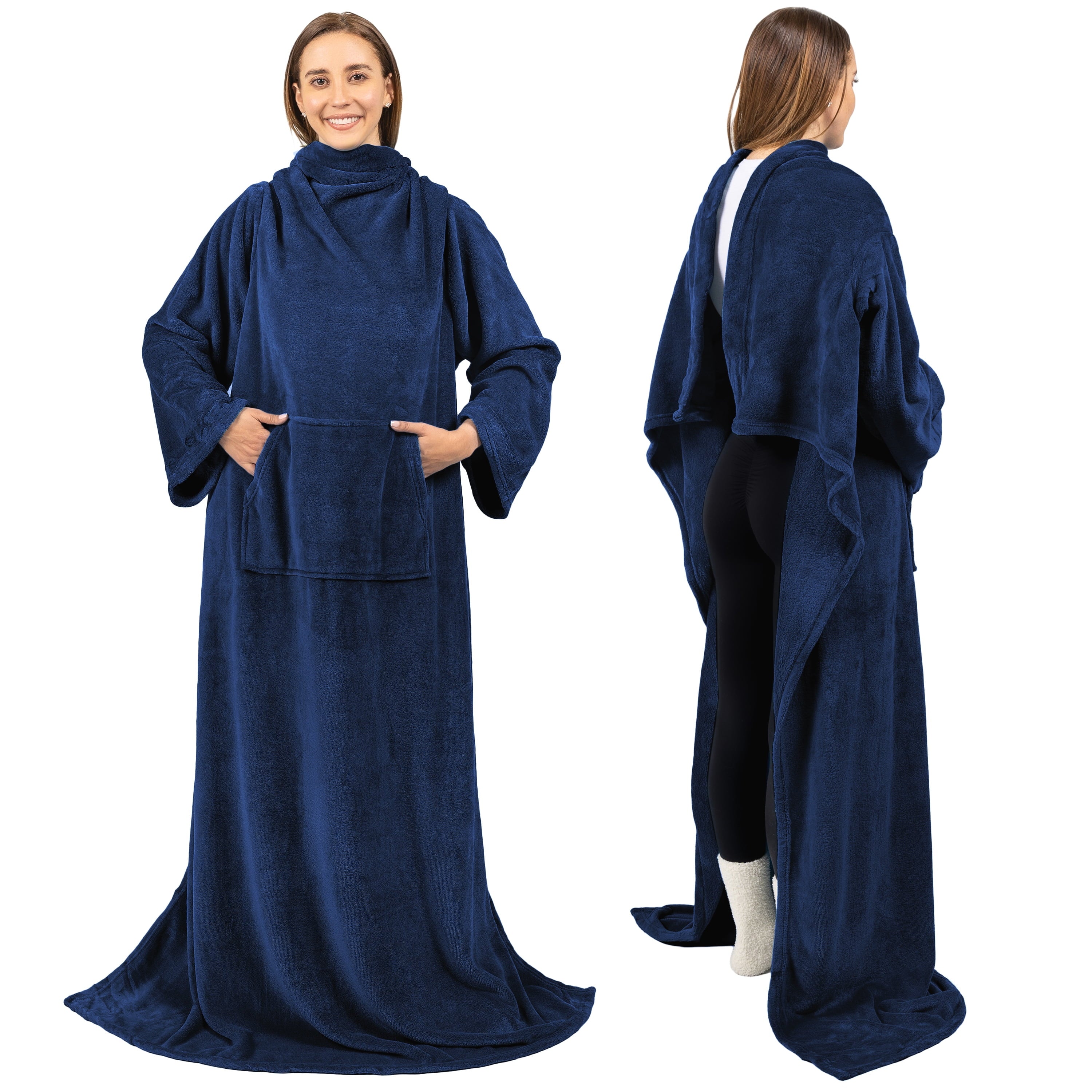 Cozy Fleece Navy Blue Fleece Wearable Blanket with Sleeves for Adults Women Men, Soft Warm Full Body Wrap Throw, Sweatshirt Pocke... - Luxury Knitted Decorative Throw Blanket with Fringes - Default Title
