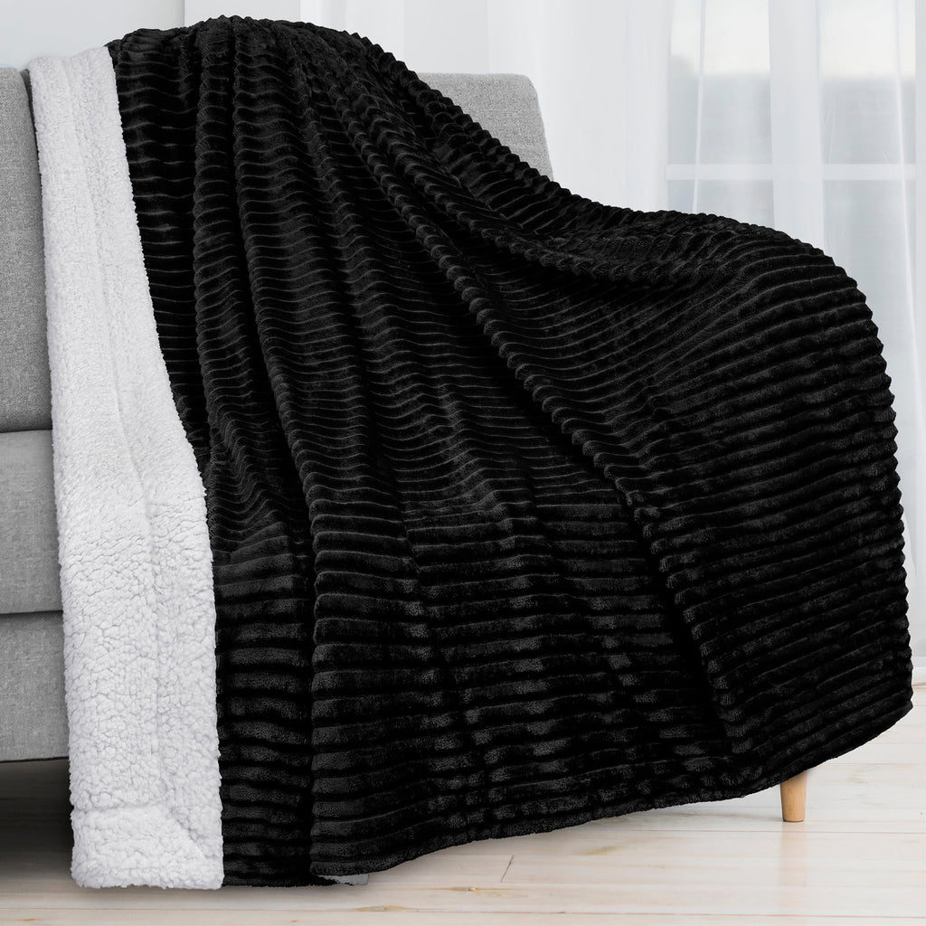 Lightweight Warm Reversible Sherpa Fleece Throw Blanket Black, Plush Flannel Throw, Ultra Soft Warm Ribbed Microfiber Blanket for Sofa... - Cozy Fleece Throw Blanket for Couch & Bed - Default Title