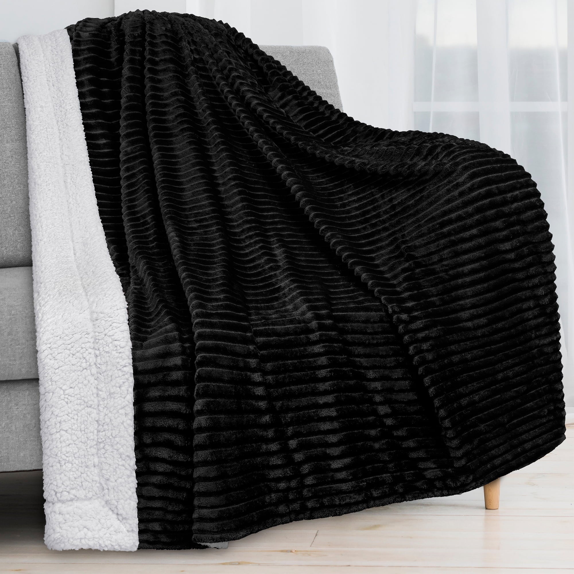 Lightweight Warm Reversible Sherpa Fleece Throw Blanket Black, Plush Flannel Throw, Ultra Soft Warm Ribbed Microfiber Blanket for Sofa... - Cozy Fleece Throw Blanket for Couch & Bed - Default Title
