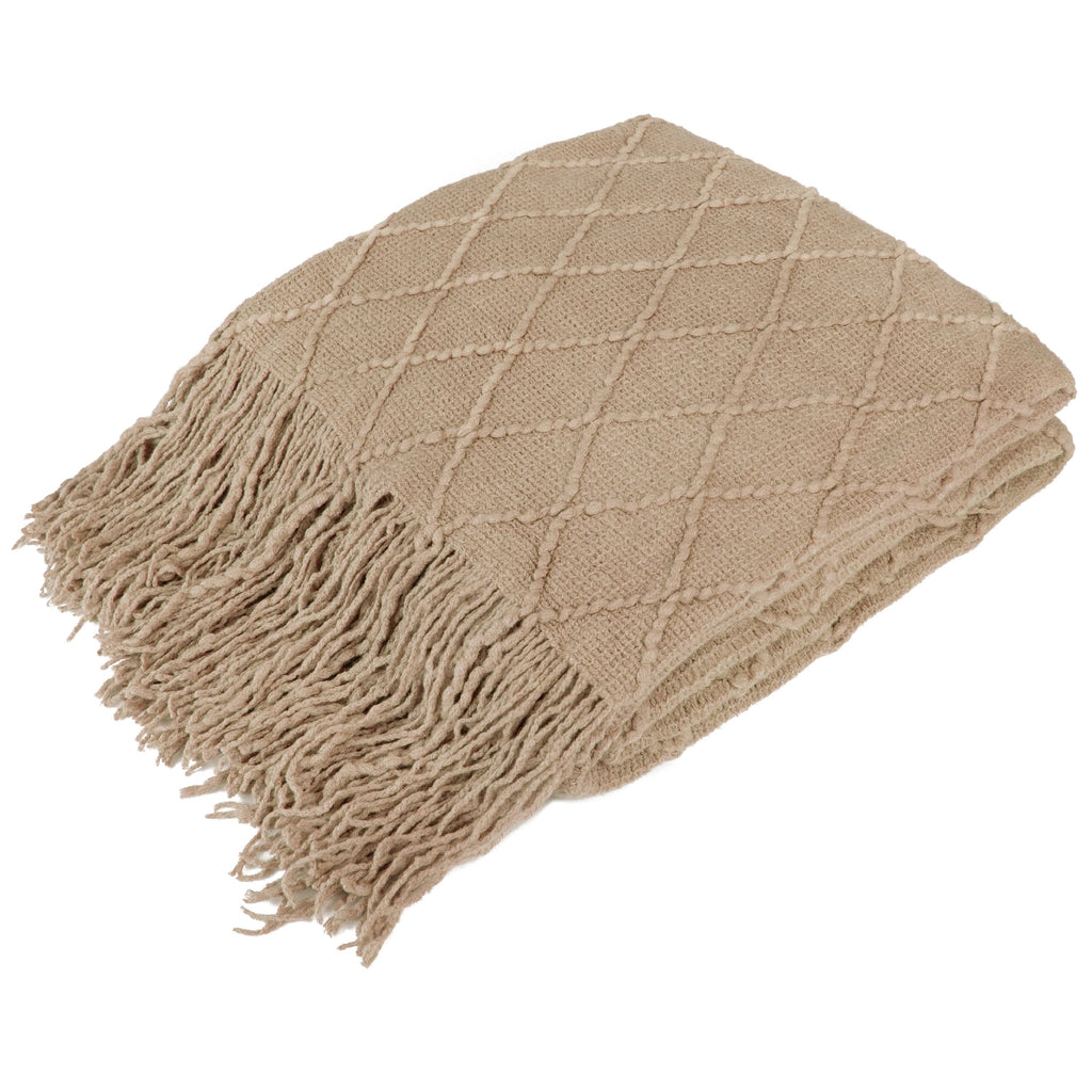 Super Soft Flannel Tan Taupe Knit Throw Blanket for Couch Bed, Soft Knitted Farmhouse Sofa Throw for Living Room, Lightweight Decorative... - Luxury Knitted Decorative Throw Blanket with Fringes - Default Title
