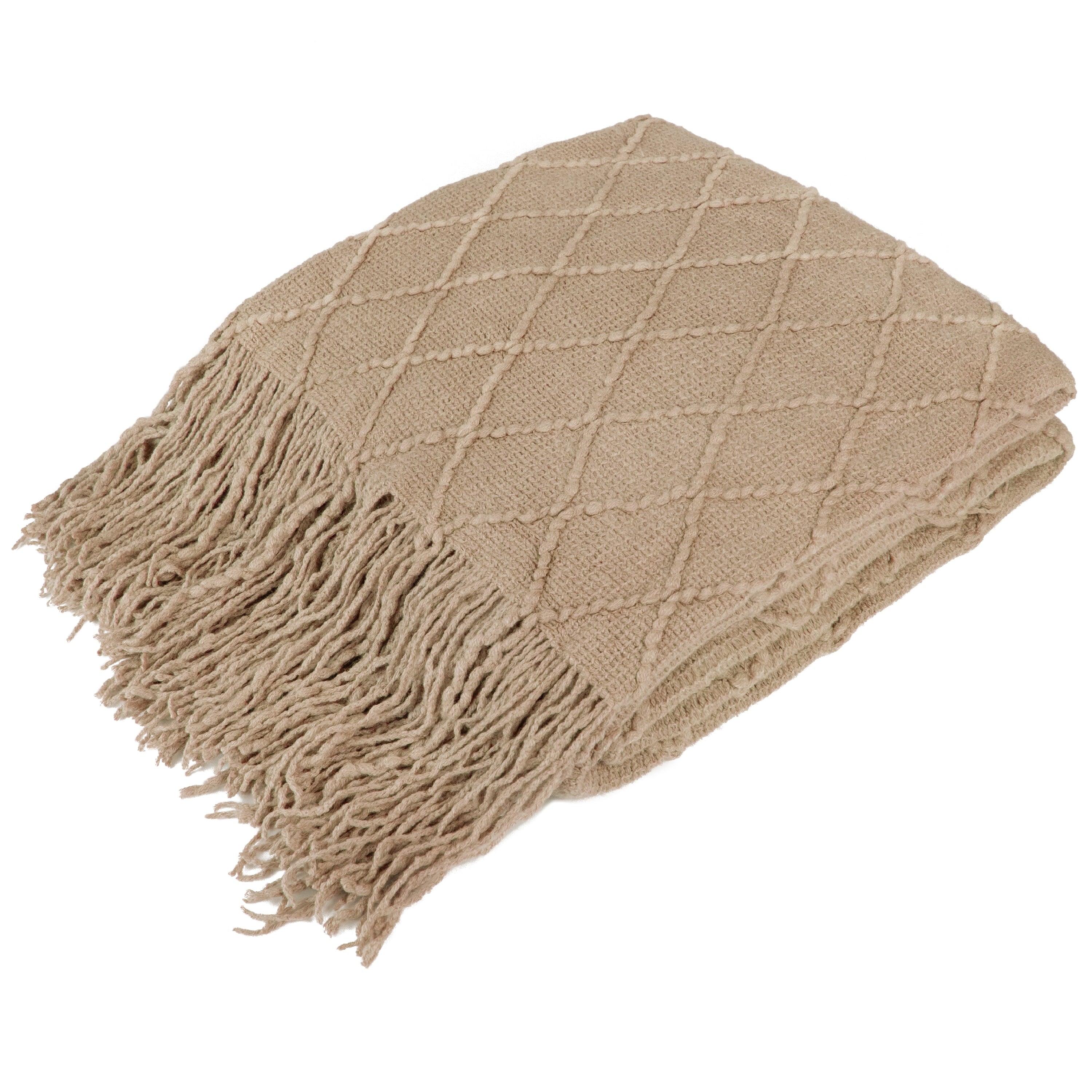Super Soft Flannel Tan Taupe Knit Throw Blanket for Couch Bed, Soft Knitted Farmhouse Sofa Throw for Living Room, Lightweight Decorative... - Luxury Knitted Decorative Throw Blanket with Fringes - Default Title