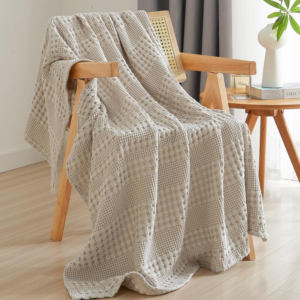 Lightweight Warm 100% Cotton Waffle Weave Blanket, Lightweight Throw Washed Blanket for Bed Sofa Home Decor, Oatmeal, 50"x60" - Lightweight Plush Warm Blanket for All Seasons - Default Title