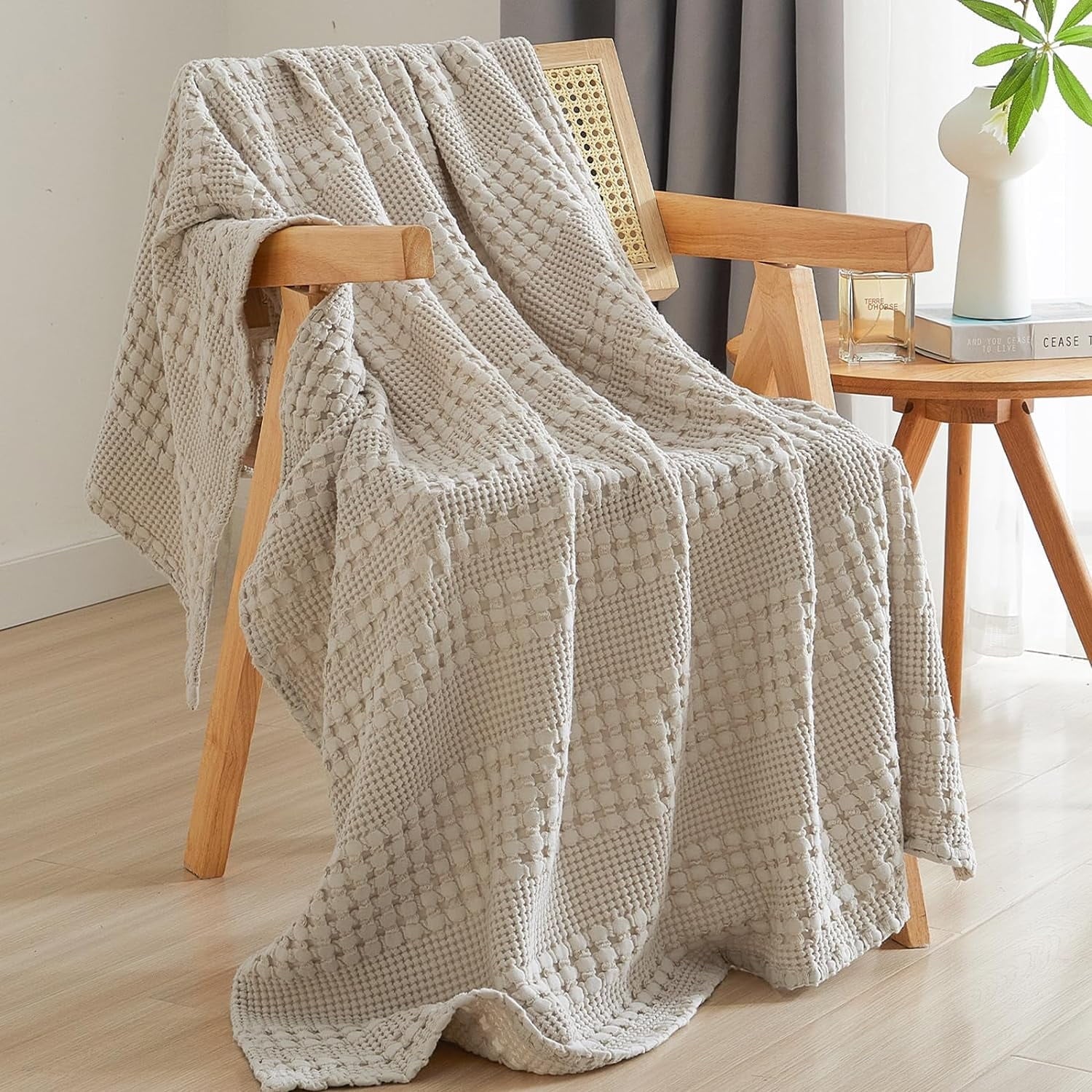 Lightweight Warm 100% Cotton Waffle Weave Blanket, Lightweight Throw Washed Blanket for Bed Sofa Home Decor, Oatmeal, 50"x60" - Lightweight Plush Warm Blanket for All Seasons - Default Title