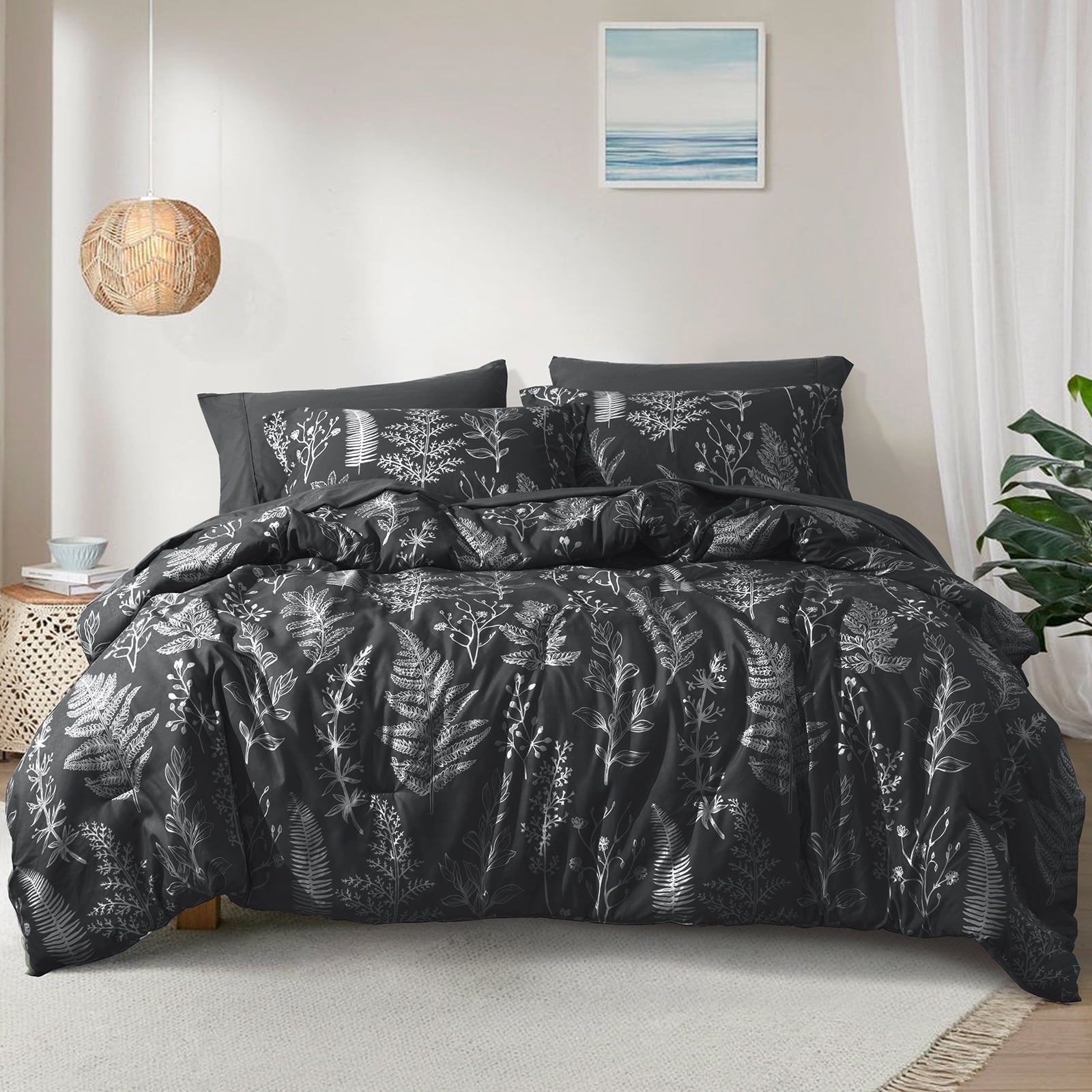 Fluffy Down Alternative 3 Pieces Printed Comforter Set Queen Size, Lightweight Botanical Floral Bed in a Bag, Ultra Soft Bedding Set with 1 R... - Cloud-Like Soft Lightweight Bed Comforter - Default Title
