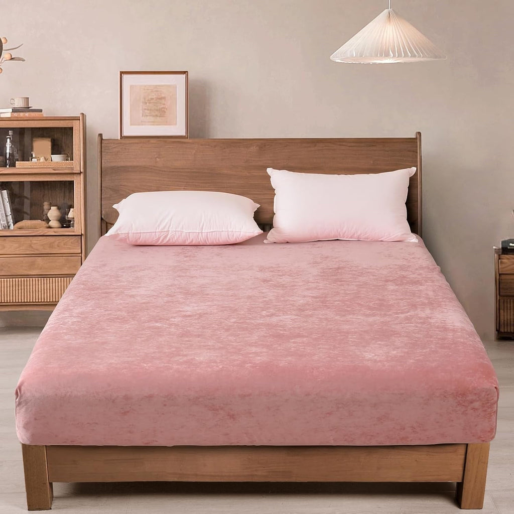 Breathable Luxury Truly Velvet Fitted Sheet Twin Size, Luxury Super Soft Flannel Bottom Sheet with 15" Deep Pocket for Winter, Pink - Breathable Egyptian Cotton Flat & Fitted Sheets - Default Title