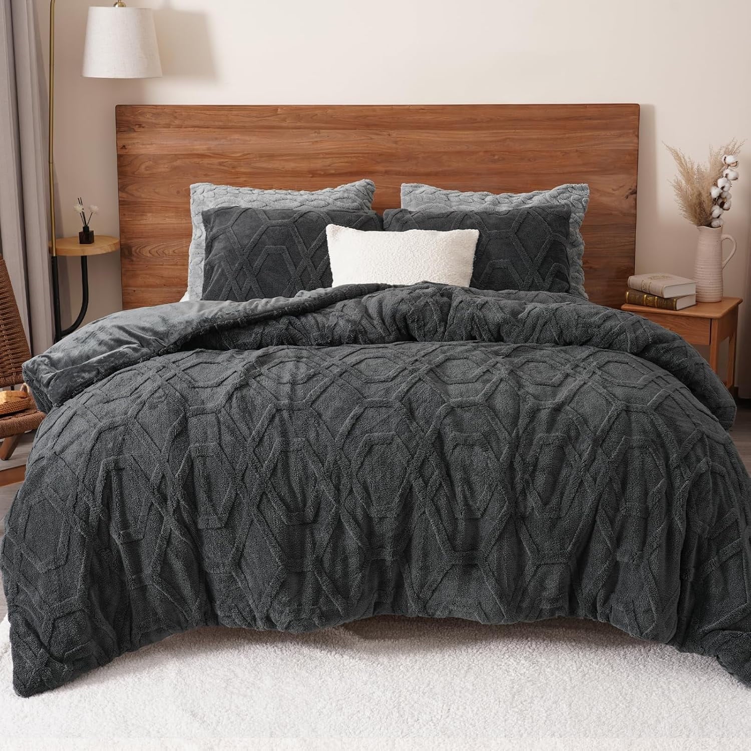 Heavyweight Warmth Warm Sherpa Fleece Queen Comforter Set, 3D Tufted Fluffy Dark Grey Bedding for Winter, Soft 3 Pieces Shaggy Bed Set, ... - All-Season Down Alternative Comforter Insert - Default Title