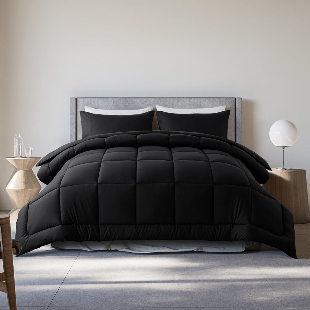 Heavyweight Warmth Queen Size 3-Piece All-Season Down Alternative Comforter Set Deep Black (Comforter and Pillowcase Bedding Set / bed i... - Cloud-Like Soft Lightweight Bed Comforter - Default Title