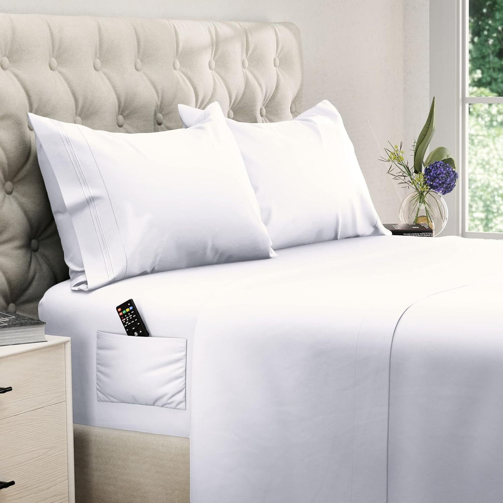 Wrinkle-Resistant Set, Soft Microfiber 4 Piece Hotel Luxury Bed s with Deep Pockets, Embroidered Pillow Cases, Side Storage Pocket Fitt... - Luxury Bed Sheet Set with Deep Pockets - Default Title