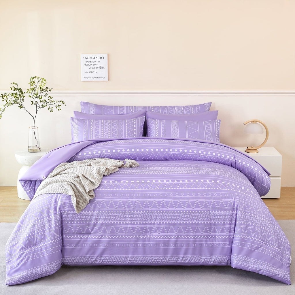 All-Season 8-Pieces Boho Bedding Set Full Lavender Striped Bed in a Bag for Girls Women Soft Fluffy Purple Comforter Set with Sh... - Hypoallergenic Ultra-Fluffy Quilt for Winter - Default Title