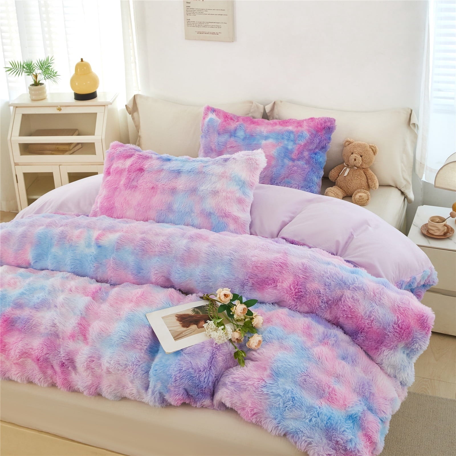 Heavyweight Warmth Faux Rabbit Fur Comforter Set Twin 3Pcs Girls Blue Purple Bedding Set Tie-Dyeing Soft Bed Comforter Set Warm Fuzzy Ki... - Luxurious Quilted Duvet Cover Set - Default Title