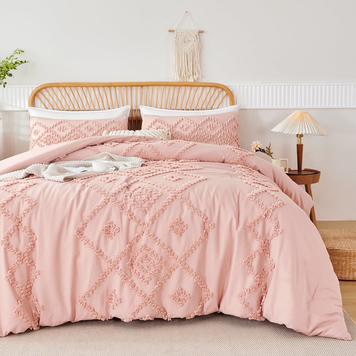 Heavyweight Warmth Pink Diamond Jacquard Comforter Set Queen 3 Pcs Bohemian Tufts Quilt Set for Kids Girls Adult 100% Soft Microfiber Be... - Cloud-Like Soft Lightweight Bed Comforter - Default Title