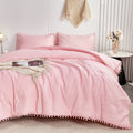 All-Season Pink Full Size Comforter Set Pom Fringe 3 Pcs Boho Chic Cute Ball Pom Blush Bedding Set Cali Soft Lightweight Solid B... - Luxurious Quilted Duvet Cover Set - Default Title
